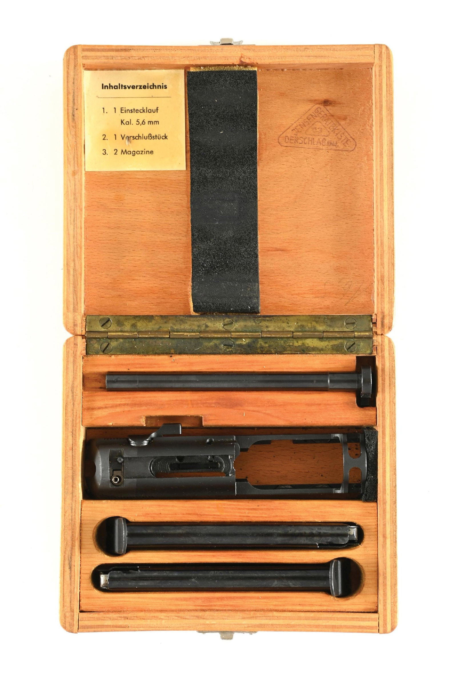 BOXED WALTHER P38 .22 CONVERSION SLIDE AND MAGAZINES: Box and inventory tag are in German. Kit includes the slide in matte finish and is dated 11/64 on left side with Walther banner legend; 5.6mm legend on right side. Comes with barrel and two magazines.