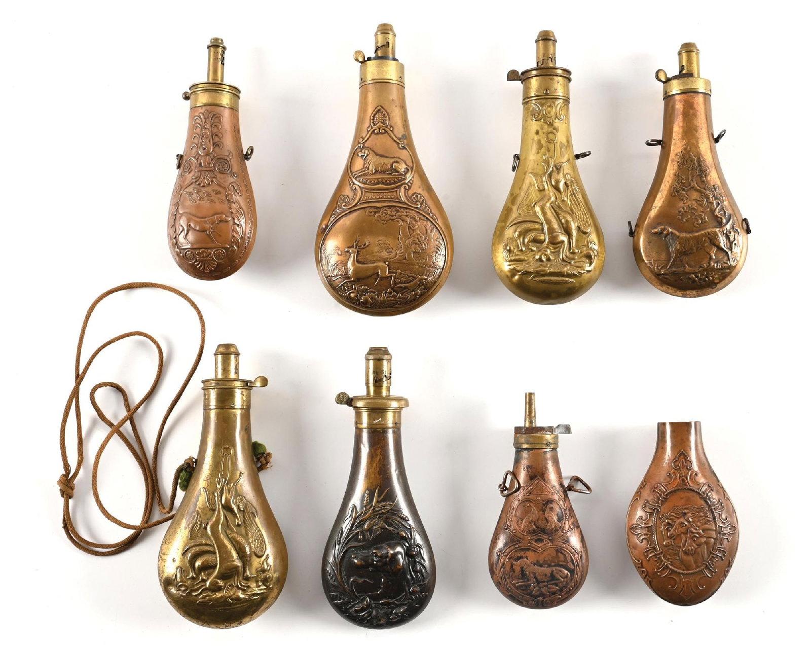 LOT OF 8: FIGURAL POWDER FLASKS. (1 of 1)