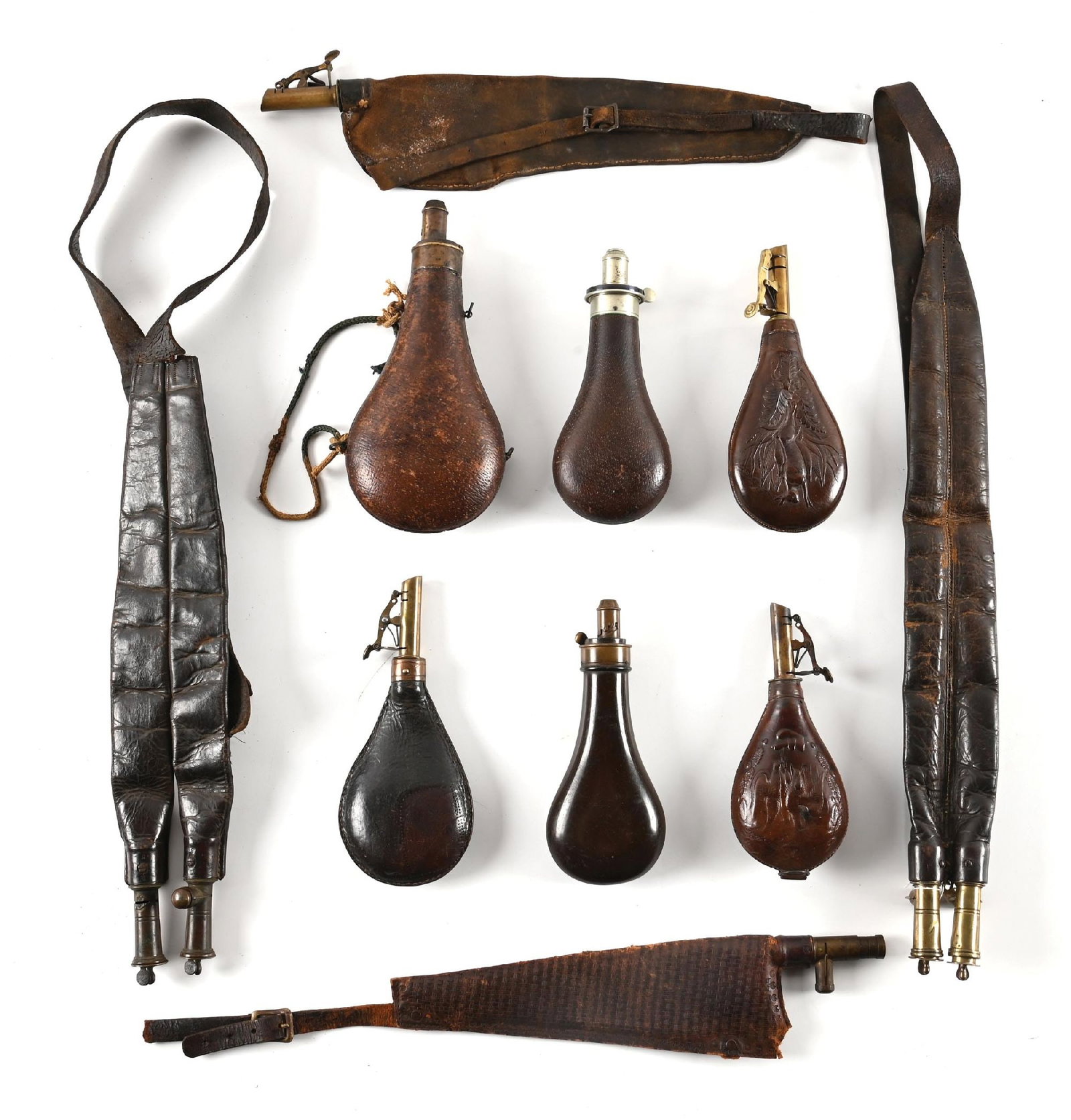 LOT OF 10: LEATHER FLASKS AND SHOT BAGS. (1 of 1)