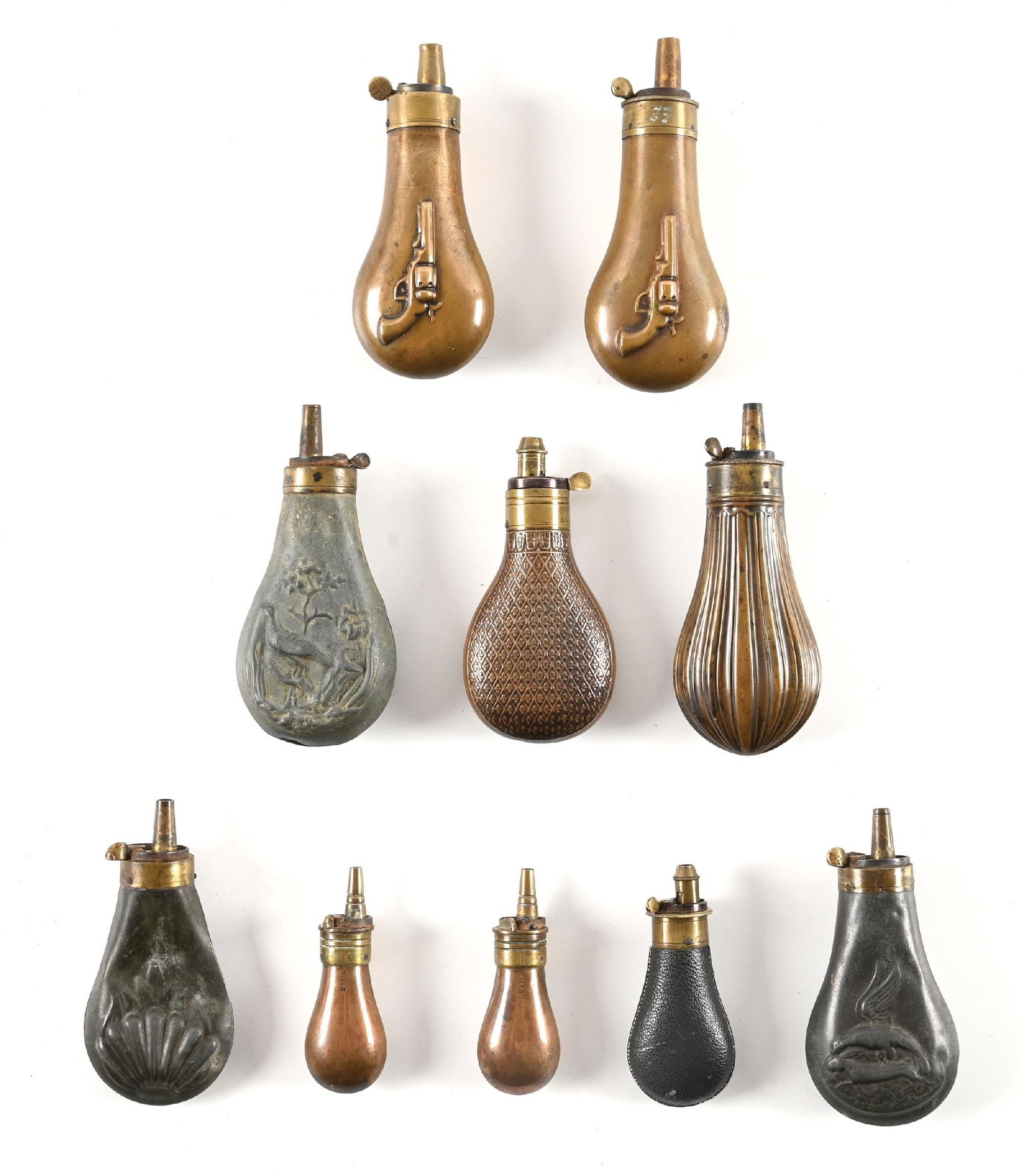 LOT OF 10: INTERESTING PISTOL FLASKS, SOME VERY SMALL. (1 of 1)