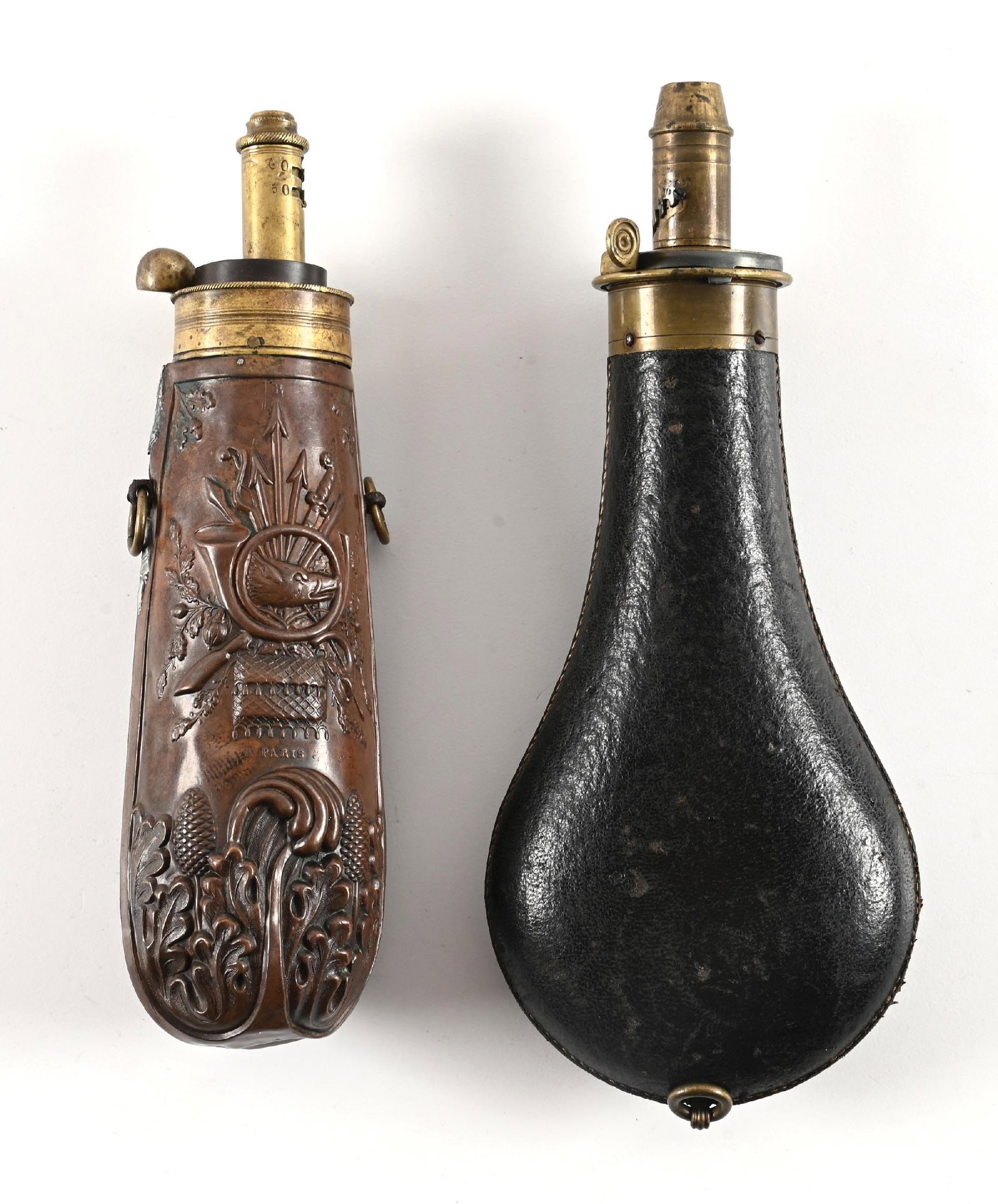 LOT OF 2: SCARCE MID 19TH CENTURY FRENCH POWDER FLASKS. (1 of 2)