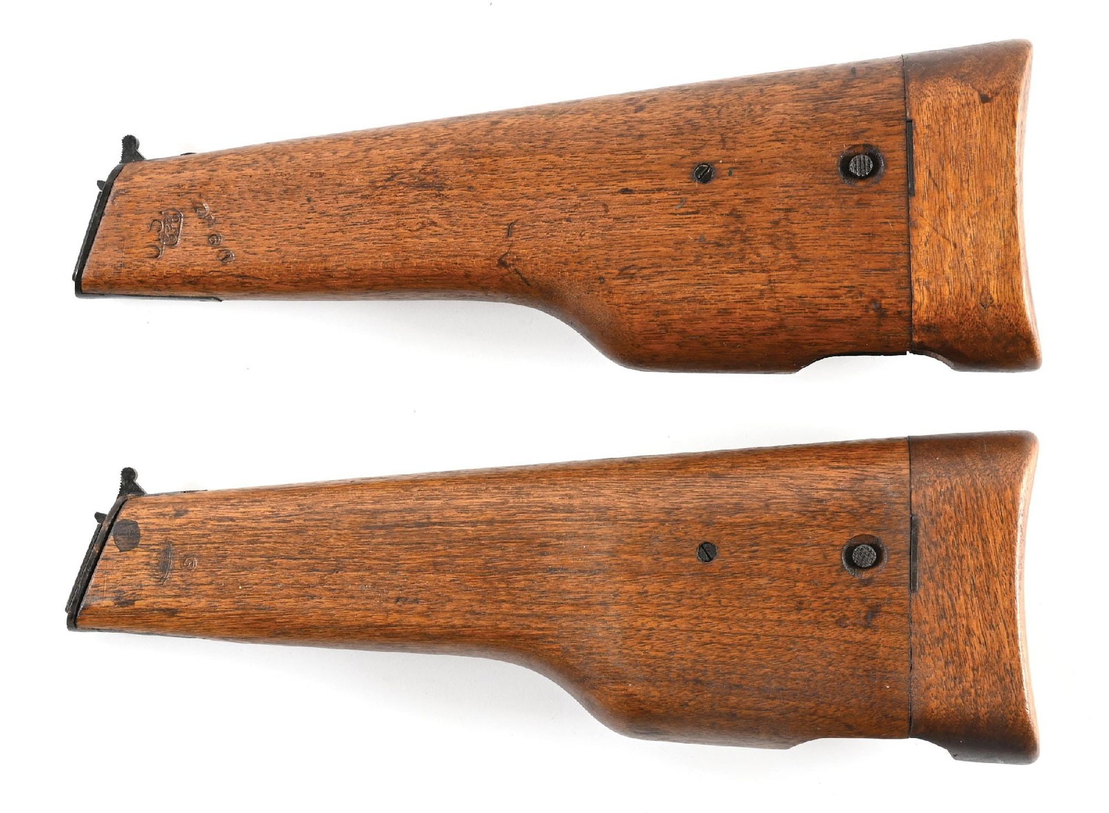 LOT OF 2: HI-POWER WOOD HOLSTER /SHOULDER STOCKS.: Both are well made and show some age. One has an applied Mauser banner while other is US stamped but neither are original stampings.