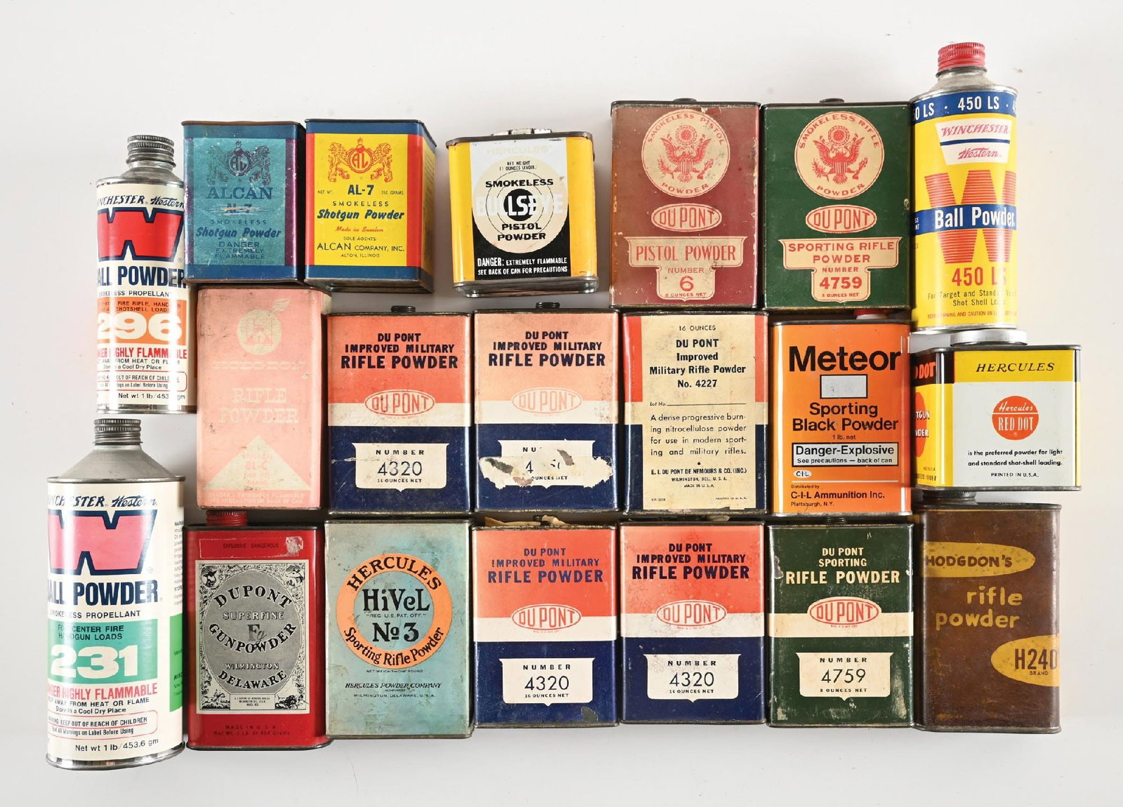 LARGE LOT (20) OF VINTAGE POWDER TINS.: The vast majority of these powder tins are the 8 oz. to 1 lb. flats. Some have paper labels while others are printed directly on the tin. Brands include Dupont, Hercules, Alcan, C-I-L, Winchester and 