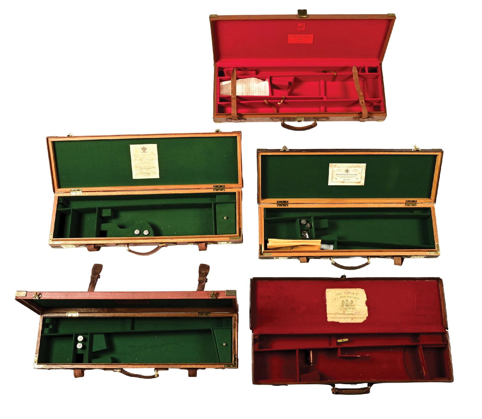 LOT OF 5: QUALITY SHOTGUN CASES, MOSTLY ENGLISH.: Lot consists of: (A) Belgian made Universal leather wrapped case with Abercrombie & Fitch trade label. Interior is partitioned for a 2 barrel shotgun set with 28" and 30" barrels. CONDITION: Good with