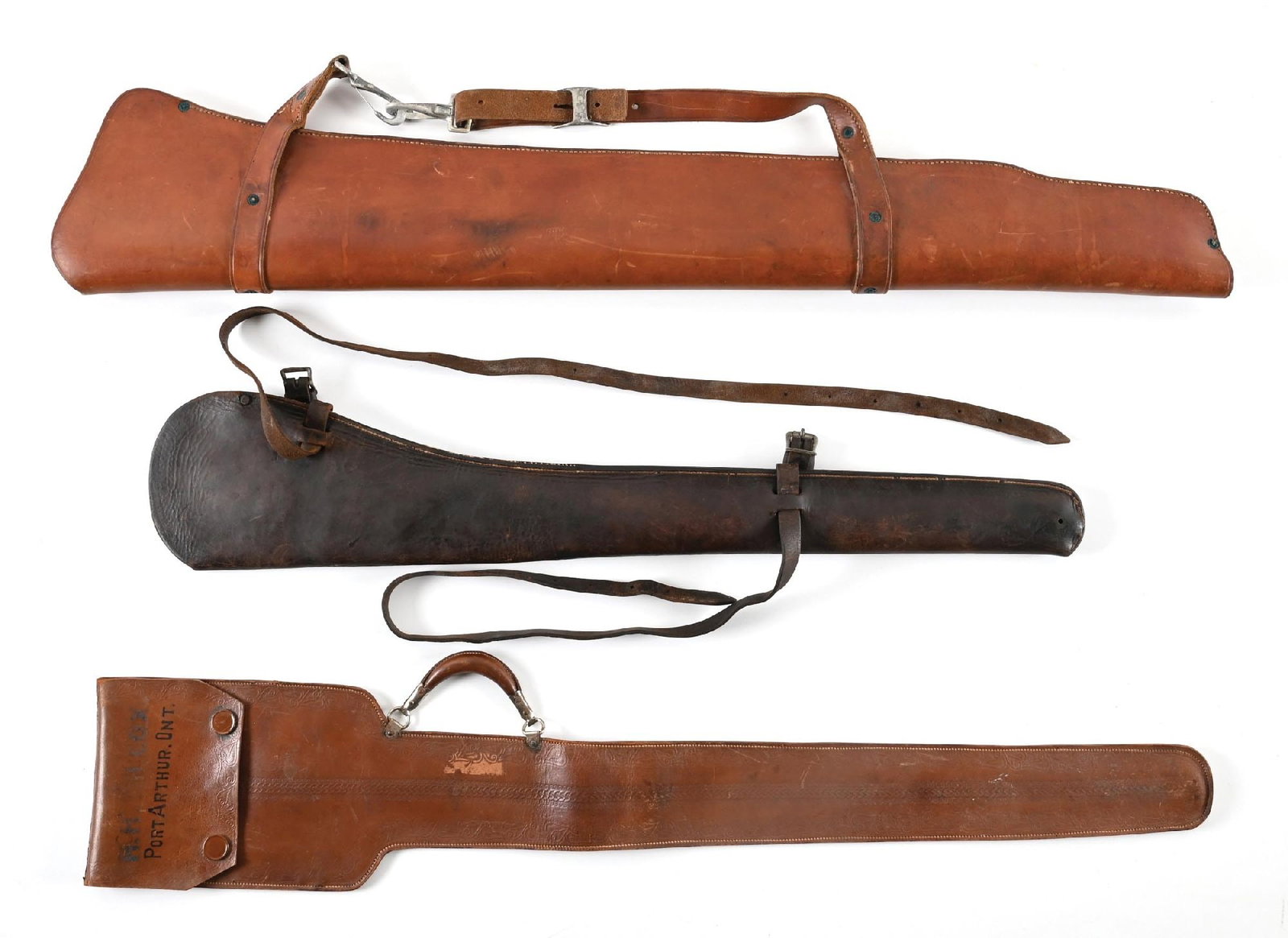 LOT OF 3: LEATHER RIFLE AND SWORD SCABBARDS. (1 of 2)