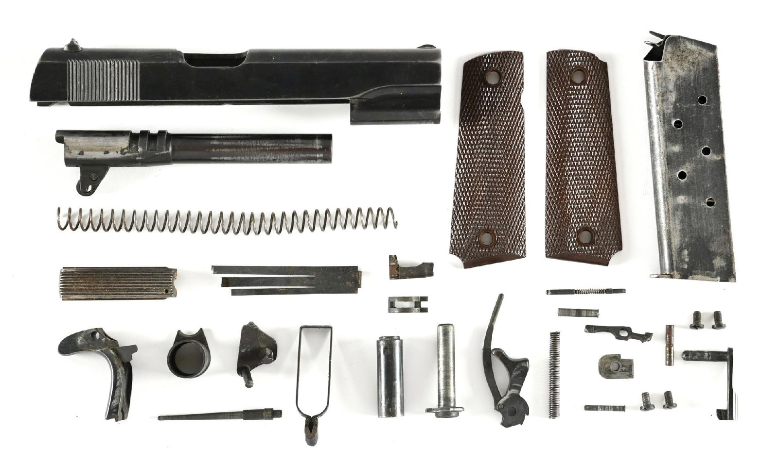 US UNION SWITCH AND SIGNAL MODEL 1911A1 SLIDE & PARTS KIT.: With most parts, sans the frame. The slide has the "U.S.& S CO SWISSVALE PA, USA" legend on left side with a proof "P" on top and a the beveled edge square notch rear sight. The arched main spring hou