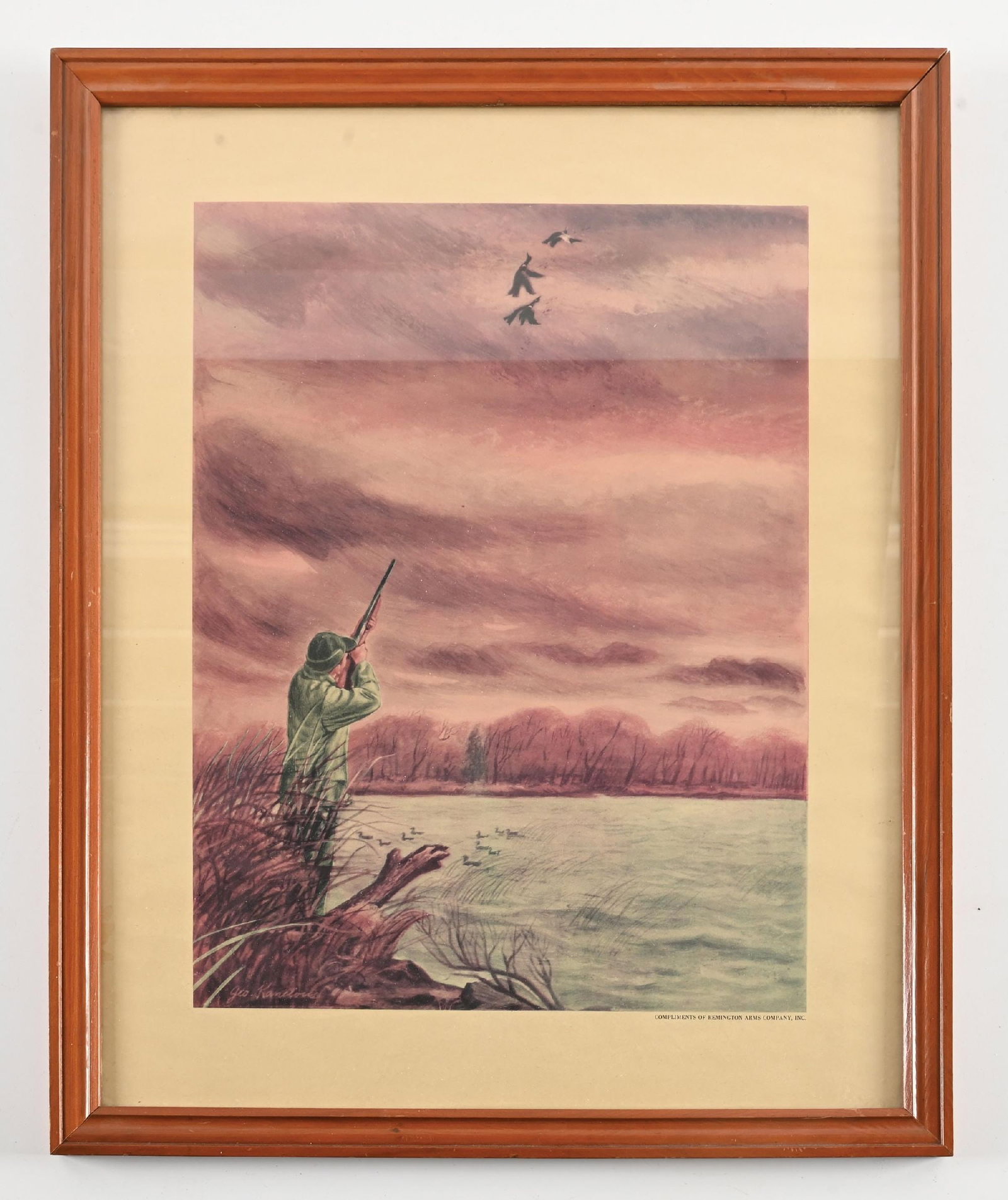 FRAMED "COMPLIMENTS OF REMINGTON ARMS COMPANY" DUCK HUNTING PRINT: This full color print was given away by Remington and is so stamped at base. The artist was George Kanilous, a well known illustrator during the 1950s famed for his outdoor and hunting scenes. This fu