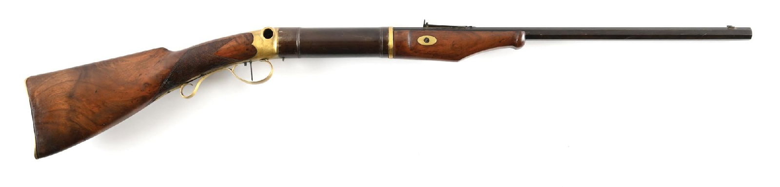 DAVID LURCH NEW YORK CRANK AIR RIFLE: David Lurch is listed as gun maker in New York in 1860s. These early air guns were used for indoor gallery target shooting. This air gun has a swivel breech, octagon barrel, dovetail blade front sight