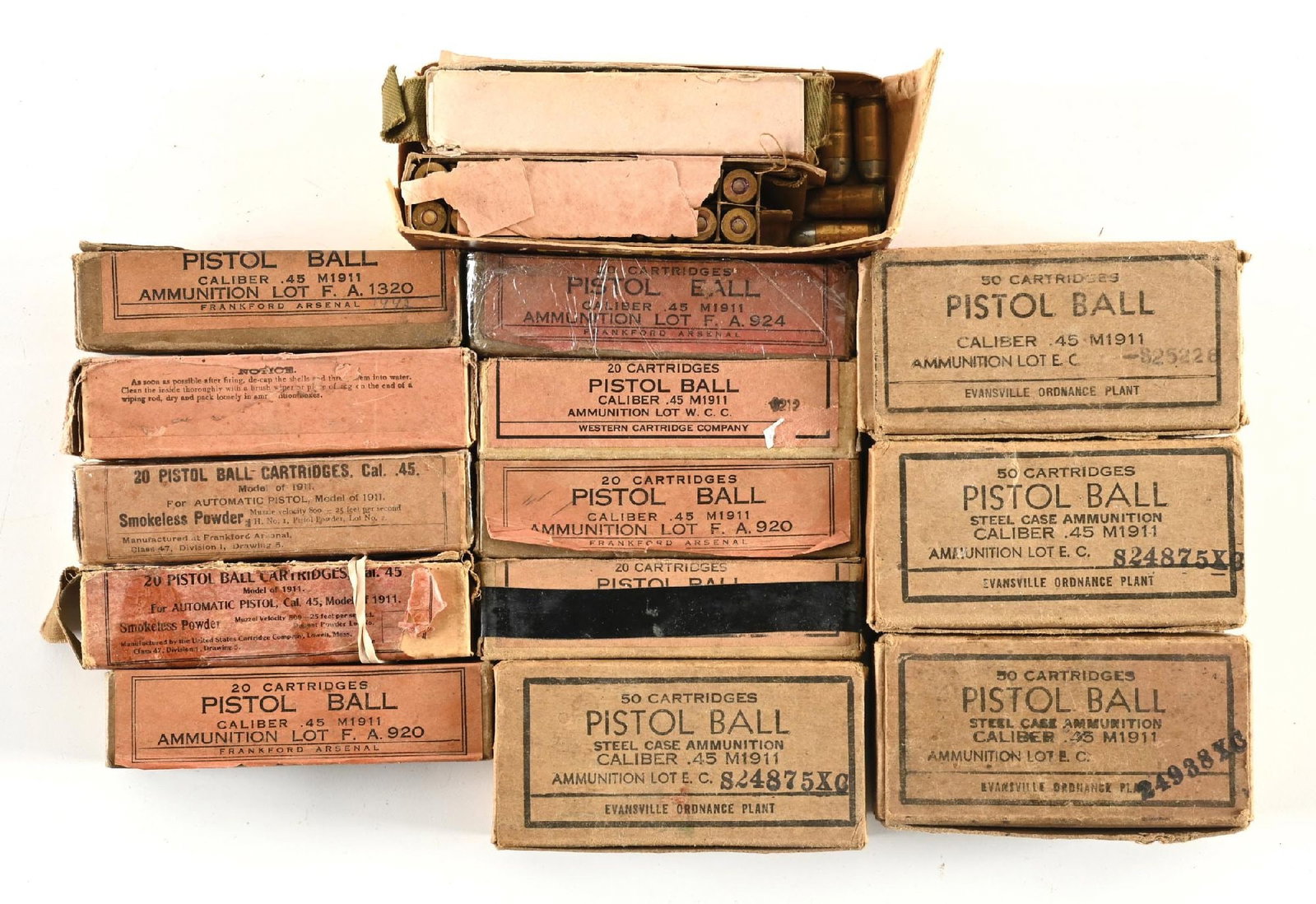 LOT (14) BOXES OF WWI / WWII MILITARY .45 ACP HARD BALL AMMUNITION. (1 of 1)