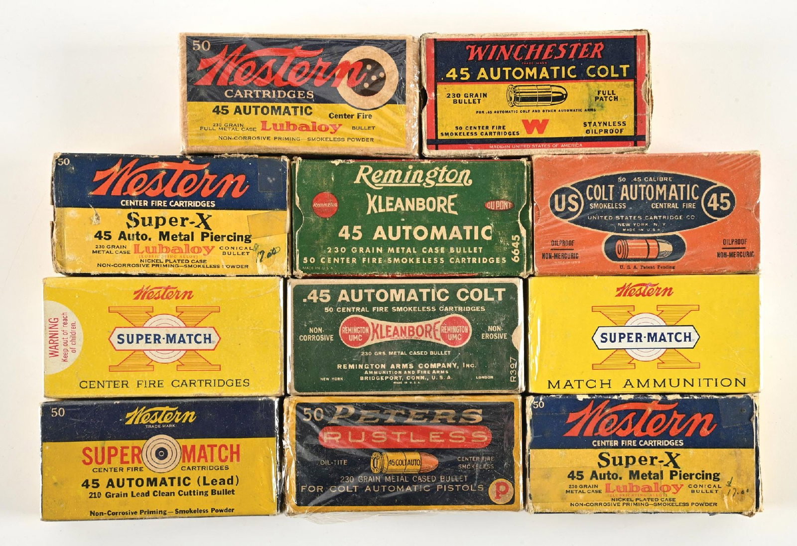 LOT (11) BOXES OF COLLECTIBLE .45 AMMUNITION: Includes (1) box Remington 1930s Dog Bone, (1) 1940s Kleanbore nearly full, (1) US Cartridge Co 1930s, (1) 1930s Peters, (2) boxes Western Super Match, (1) Western Super Match lead bullets, nearly ful