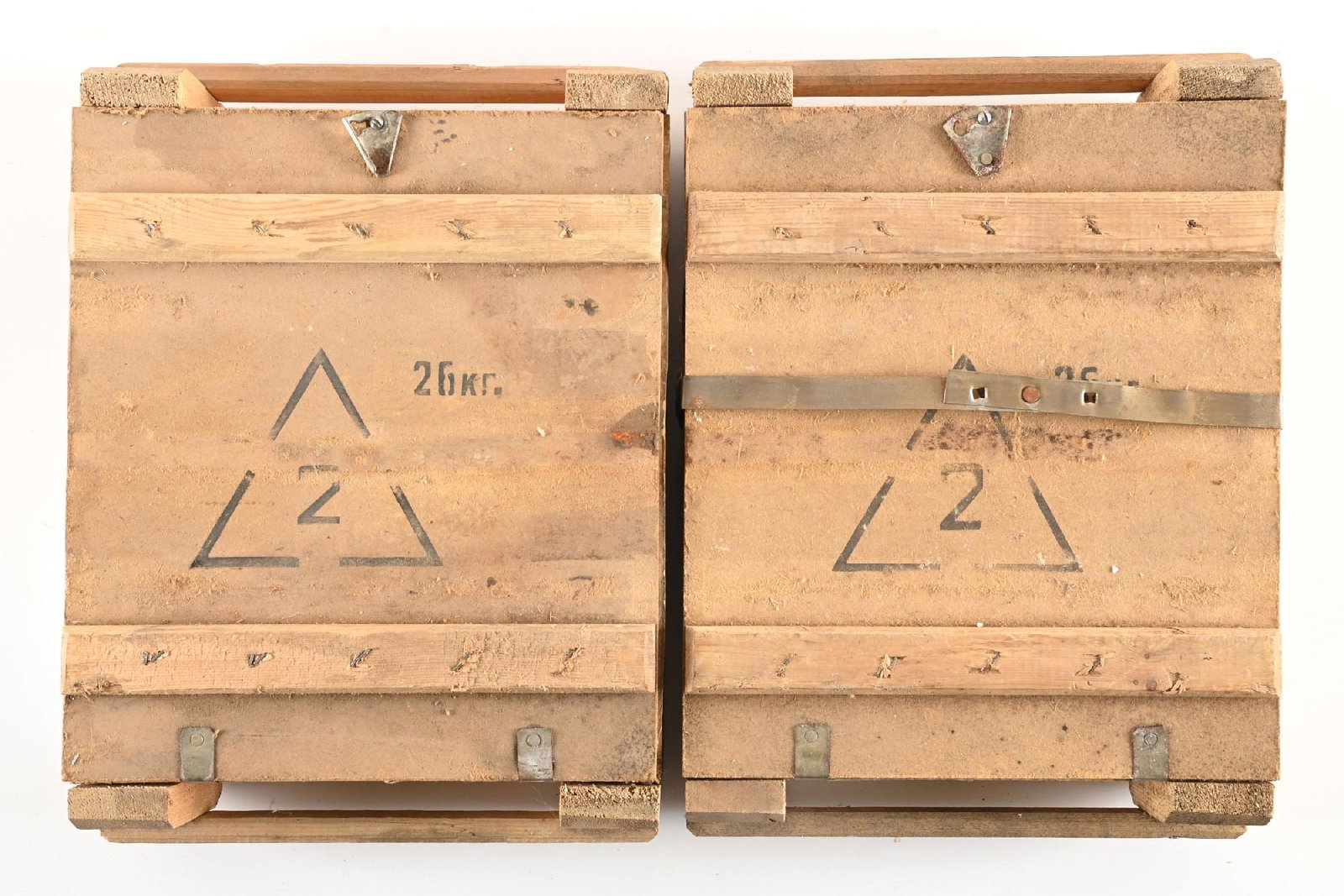 LOT OF 2: SURPLUS 880 ROUND CRATES OF 7.62X54MMR AMMUNITION.: Lot consists of 2 crates, one still banded, each containing 2 440-round spam cans of Soviet light ball 7.62x54mmR ammunition. Presumably steel cased with corrosive primers. CONDITION: Very good. This 