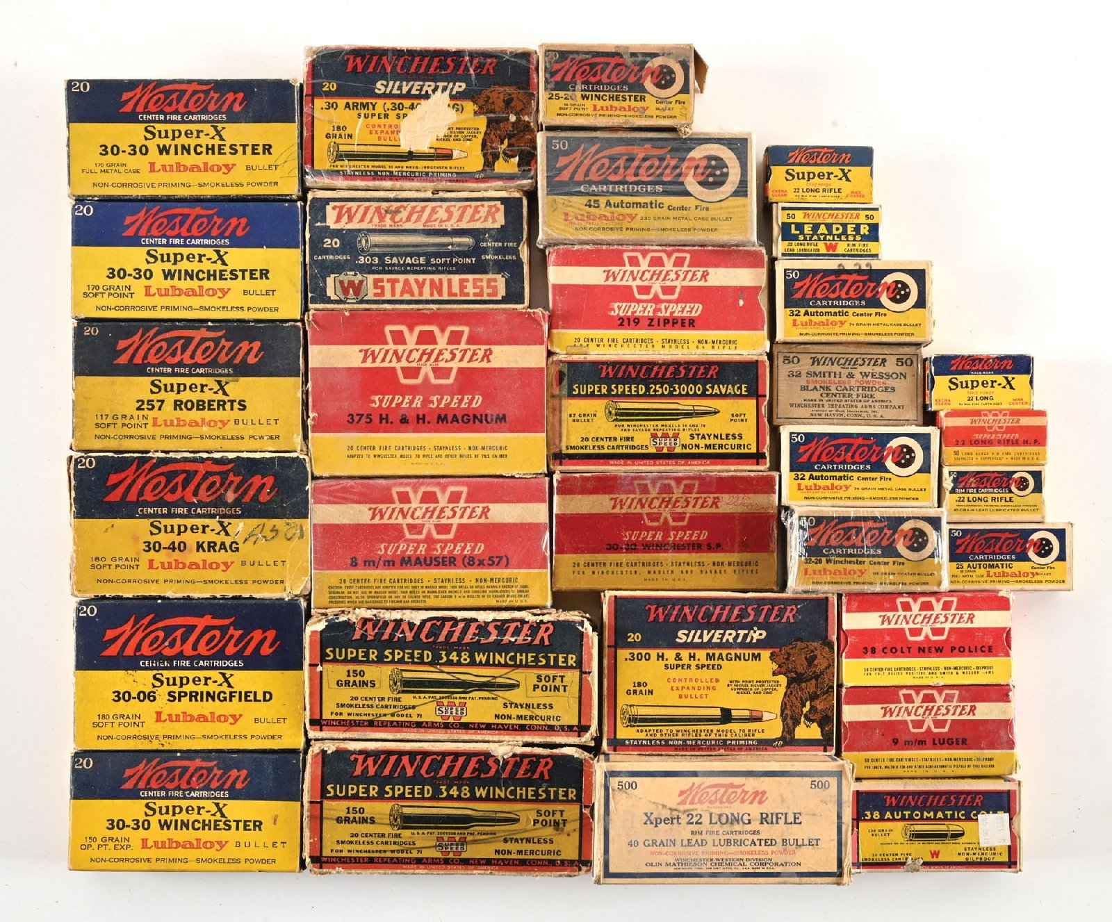 LARGE LOT OF BOXED WINCHESTER AND WESTERN VINTAGE AMMUNITION. (1 of 1)