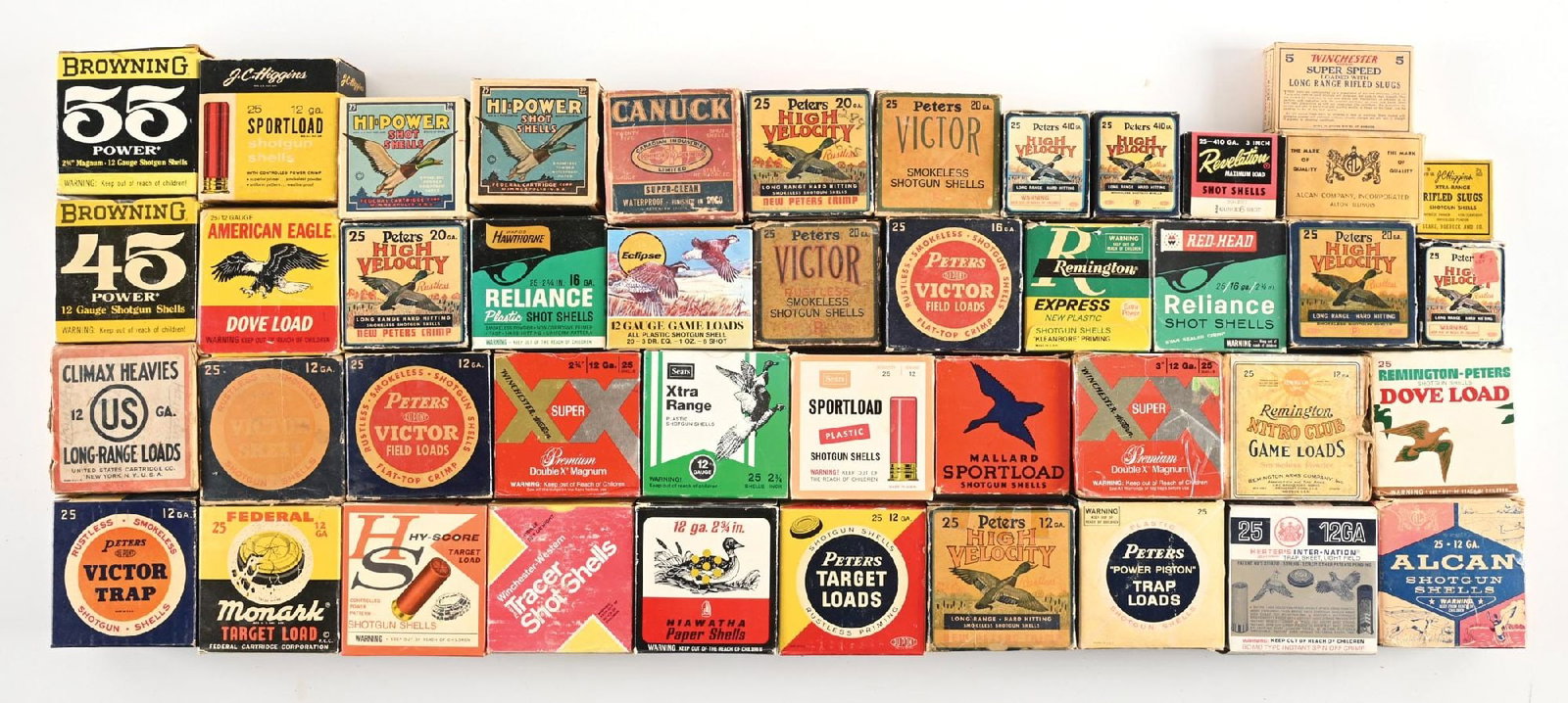 LARGE LOT (43) BOXES COLLECTABLE SHOTGUN AMMUNITION.: There are two early 2-pc boxes of US Climax Heavies and Remington Nitro Club. The majority of the balance is a wide assortment of various makers dating to the 1940-50s with a few later to include (16)
