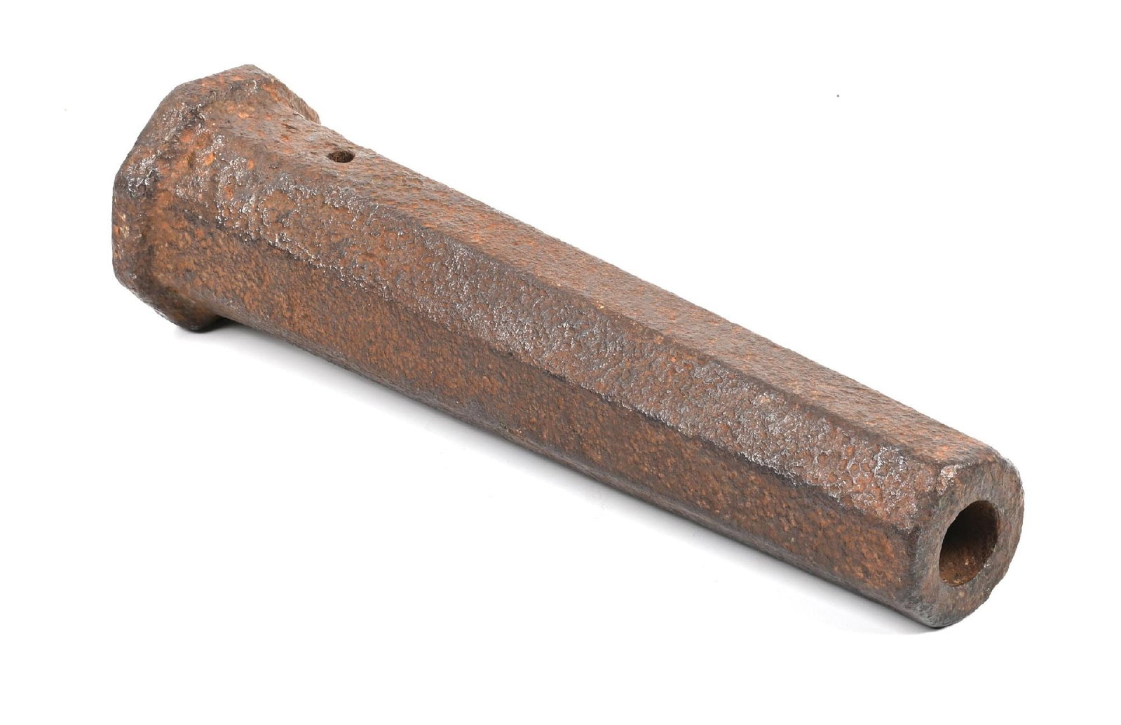 LARGE IRON SIGNAL MORTAR.: Circa 16th century faceted iron construction with touchhole fired 14" barrel with a bore measuring approximately 1 - 3/8" at the muzzle. Several partially obscured markings are visible around the touc