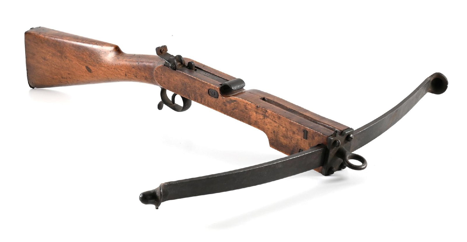 A TARGET CROSSBOW.: A late target crossbow that measures approximately 23 - 1/2" across the prod and 27 - 3/4" in length. Leather spacer to tighten prod fit. Removable front plate with fixed barleycorn front sight and