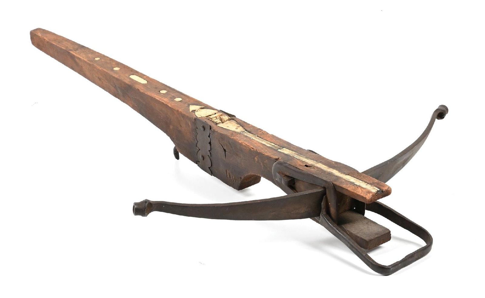 CROSSBOW.: Measures 20 - 5/8" across the prod, and 36" in length. With a stirrup at front of tiller, with retention by bow irons. Bone raceway and light decorations in the form of geometrics. Iron plates inlaid