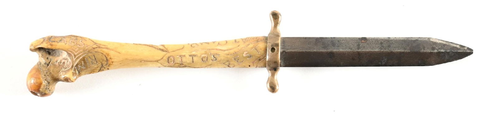 CAMP STONEY CREEK CARVED BONE HANDLE CAMP KNIFE/DIRK.: This small dirk features a 3" double sided blade with brass guard. The handle appears to be bone. It is hand carved and decorated with " AT CAMP STONEY CREEK OCT 26 '90 OTTO'S BEST" on sides of handle