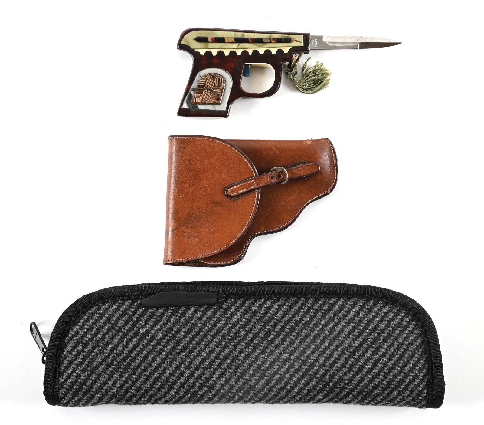 RARE LATAMA ITALY FANCY CELLULOID PISTOL RING PULL PICK LOCK SWITCHBLADE KNIFE WITH LEATHER HOLSTER. (1 of 2)