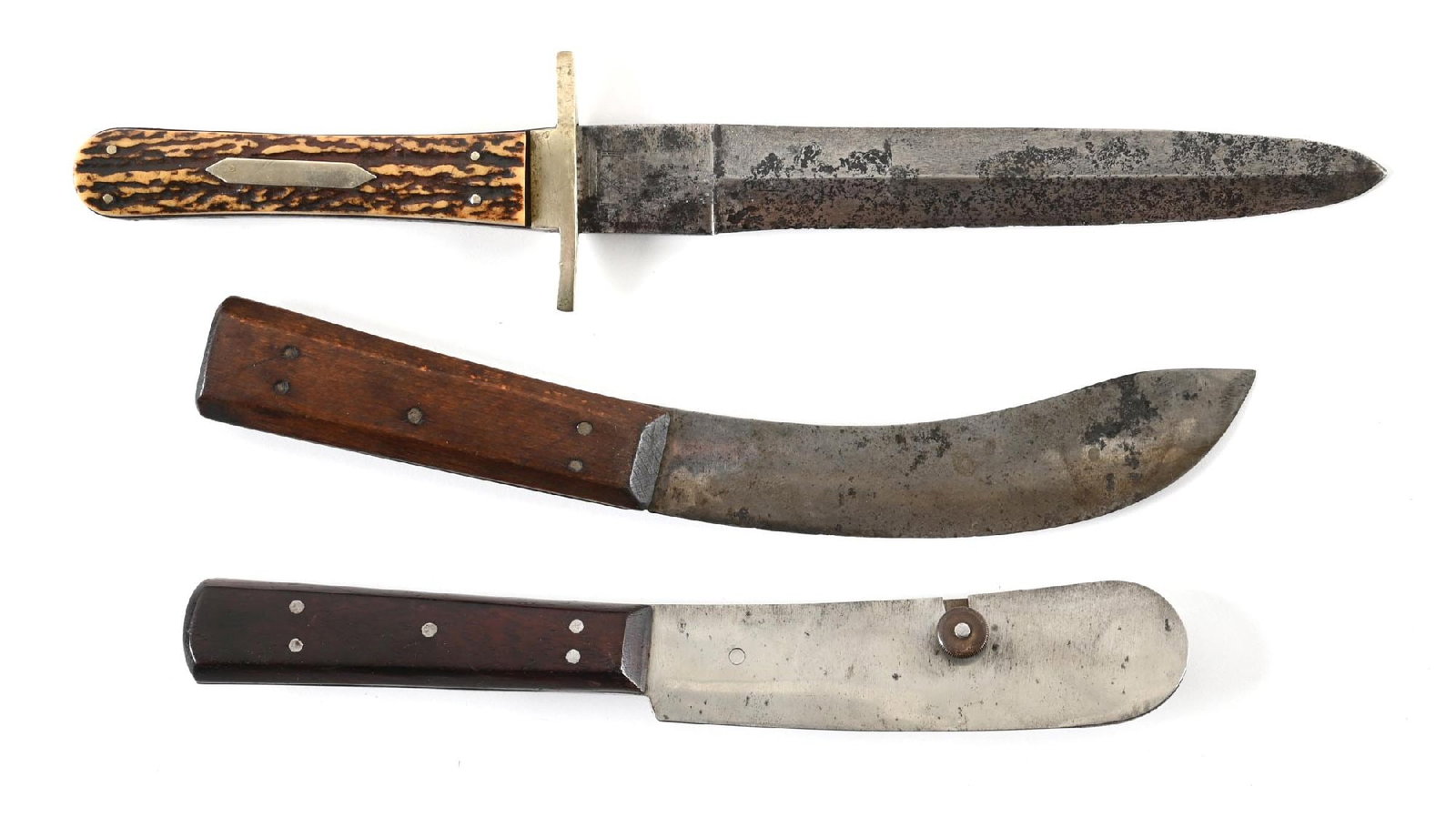 LOT OF 3: SHEFFIELD KNIVES.: Lot consists of: (A) Small bowie knife marked "GEORGE / WOSTENHOLMS / CELEBRATED / CUTLERY / I*XL" on obverse ricasso and "I*XL" below mounted officer marking. Blade exhibits an earlier cleaning with