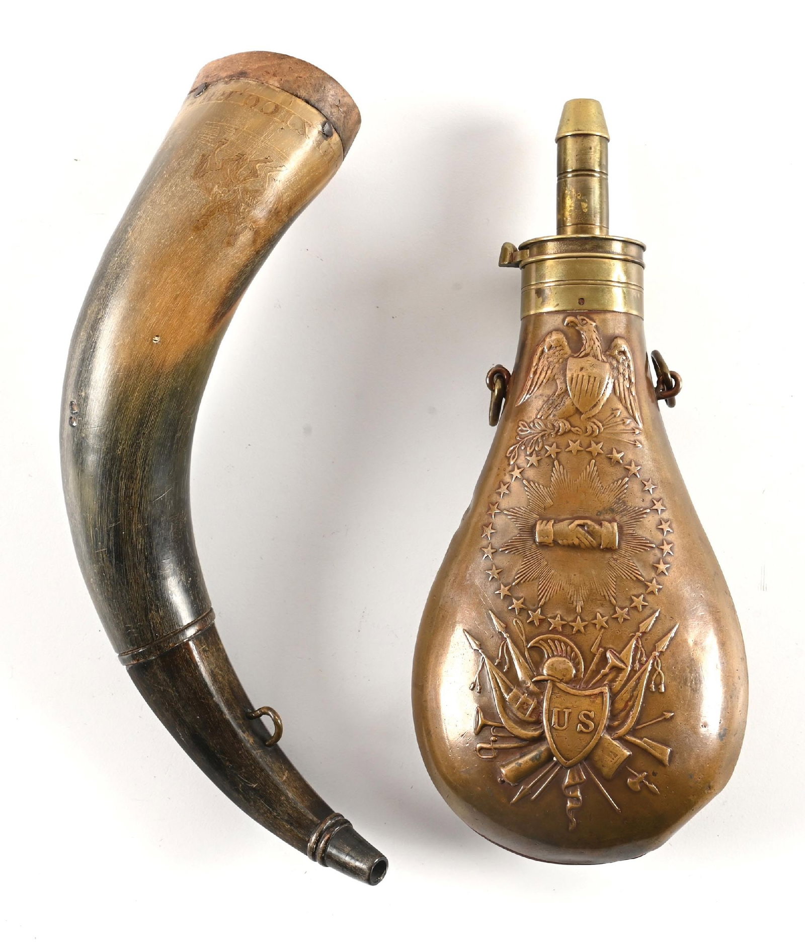 LOT OF 2: BUENA VISTA MEXICAN WAR ENGRAVED POWDER HORN AND PEACE FLASK.: Lot consist of: (A) Powder horn engraved "BUENA VISTA MEXICO, 1848" near the plug with a pair of riders, cactus, a roadrunner, and another game bird above. During the Mexican War, the Battle of Buena