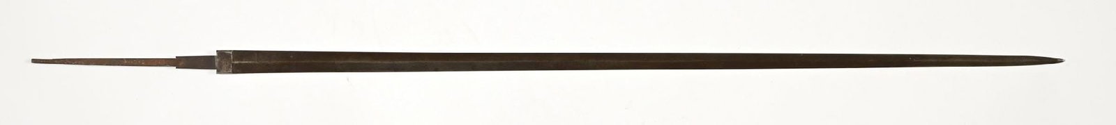SWORD BLADE.: Modern manufacture of a flattened diamond profile with a flattened ricasso. Lengthened tang terminates in a threaded end. Marked "91" on tang. CONDITION: Fair, artificially aged, with some spots of ox