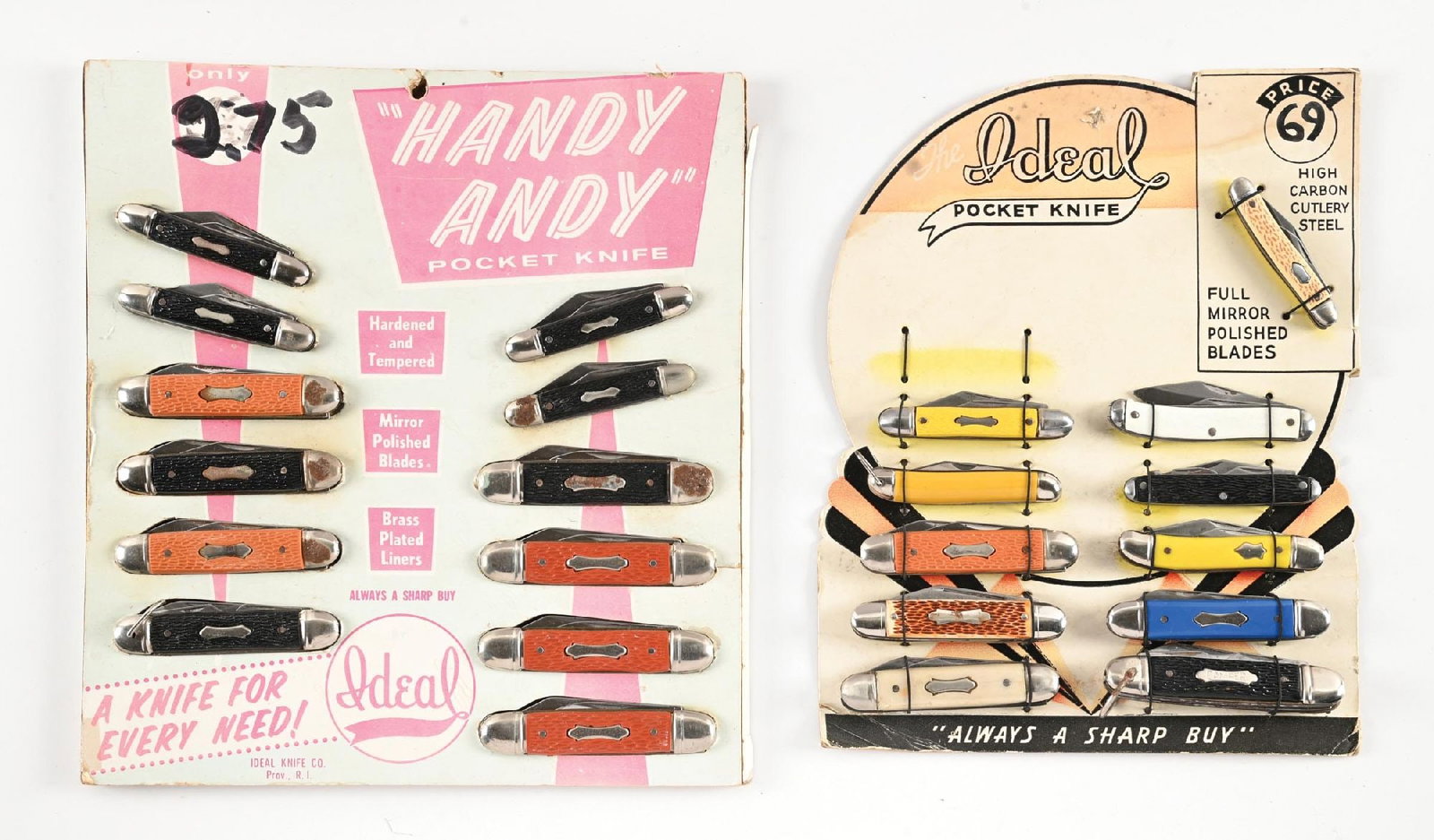 LOT OF 2: 1950-60S COUNTER TOP IDEAL POCKET KNIFE DISPLAYS.: The first cardboard display for the Ideal Pocket knife company whose company began in Rhode Island in 1924. This display measures 8 -1/2" x 11". Includes 11 pocket knives; with one vacant slot.