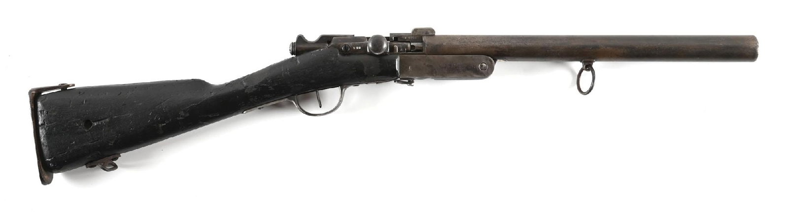 (A) WWI FLARE LAUNCHER CONVERSION OF A ST. ETIENNE MLE 1866/74 M80 BOLT ACTION RIFLE WITH DISPLAY: Assembled with a Mle 1866/74 M80 rifle action with a tip-up flare barrel. Action and barrel lug are numbered "999". Other components retain their original serial numbers and are mismatched.