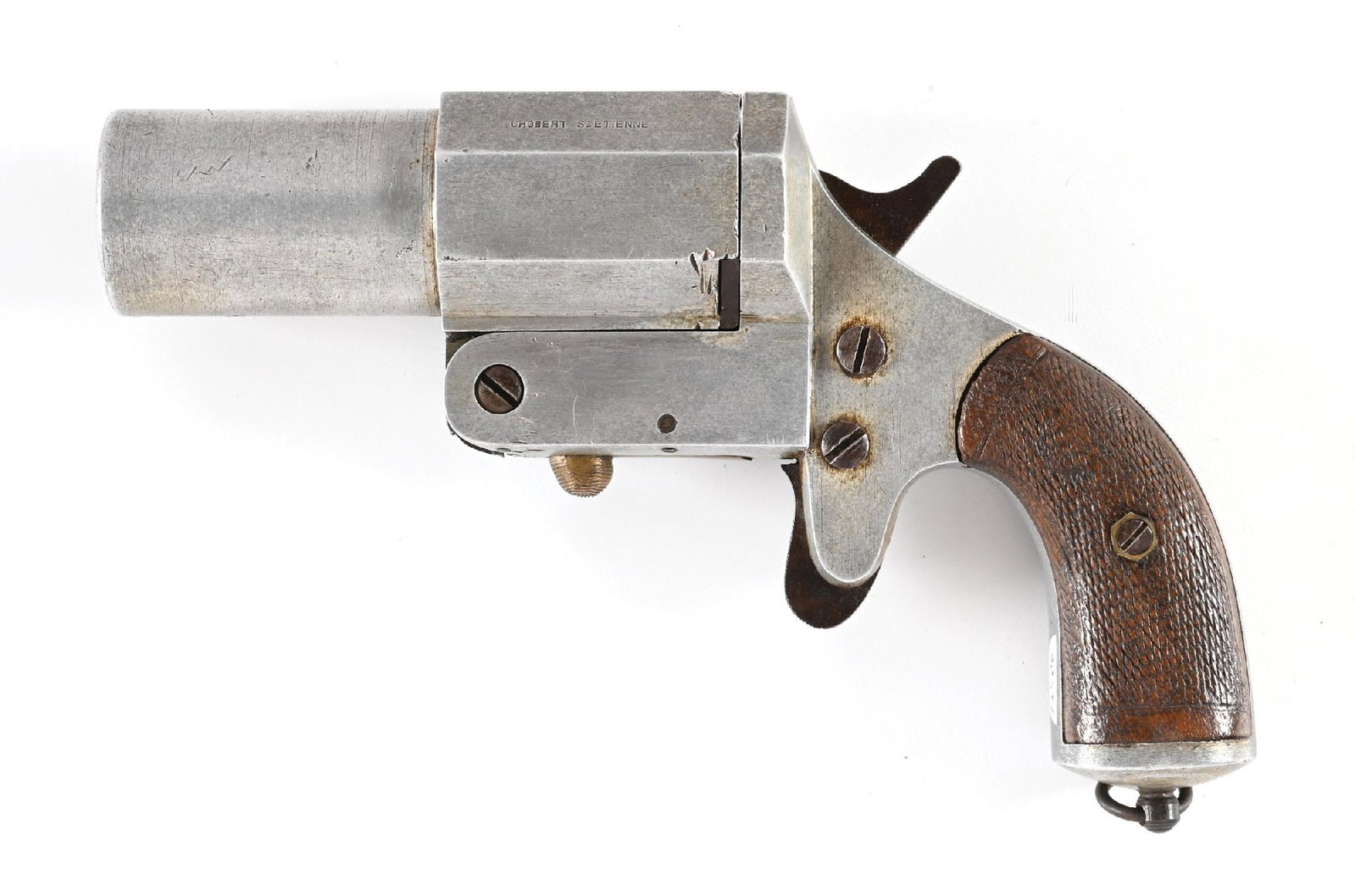 SCARCE WWI FRENCH CHOBERT MODEL 1917 AVIATION 35MM FLARE PISTOL.: Lightweight aluminum construction produced for World War I French aviators by Chobert of St. Etienne. Hammer fired with a spur trigger. 2-piece checkered walnut grips with a lanyard loop butt.