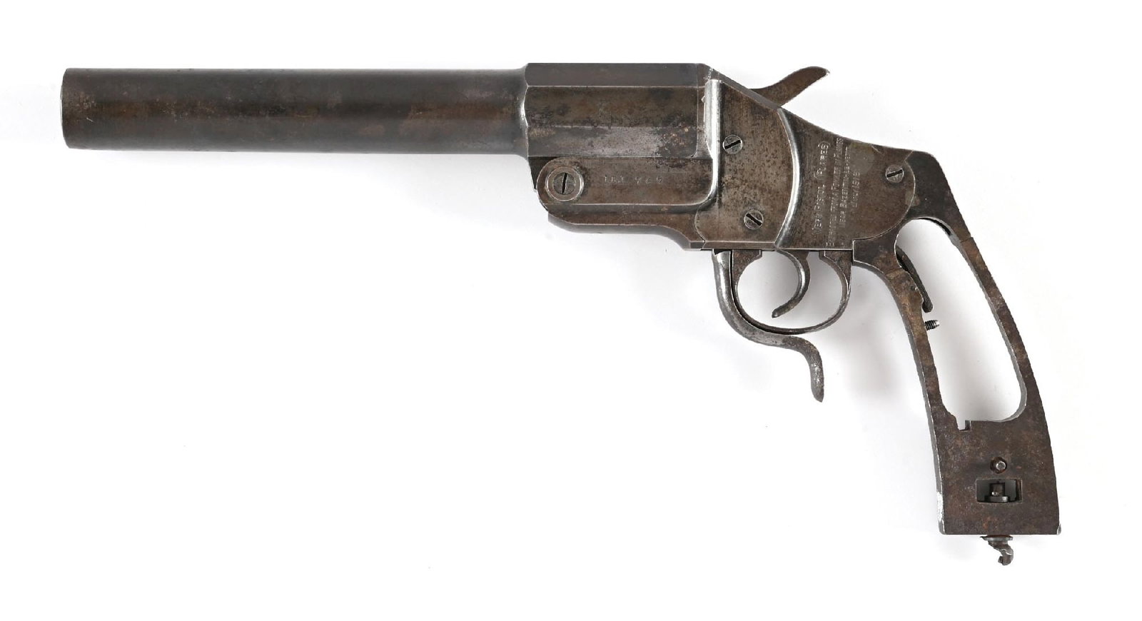 LOUIS B. JULICH M1894 HEBEL FLARE PISTOL RECOVERED FROM A BURNING FOKKER IN JULY 1916, BATTLE OF THE: Classic World War I flare pistol with "LBJ" maker mark, circle "4" caliber marking, and Imperial proofs. Left side of the frame is period jeweler inscribed "VERY PISTOL (FLARES) / EXTRACTED FROM A FOK
