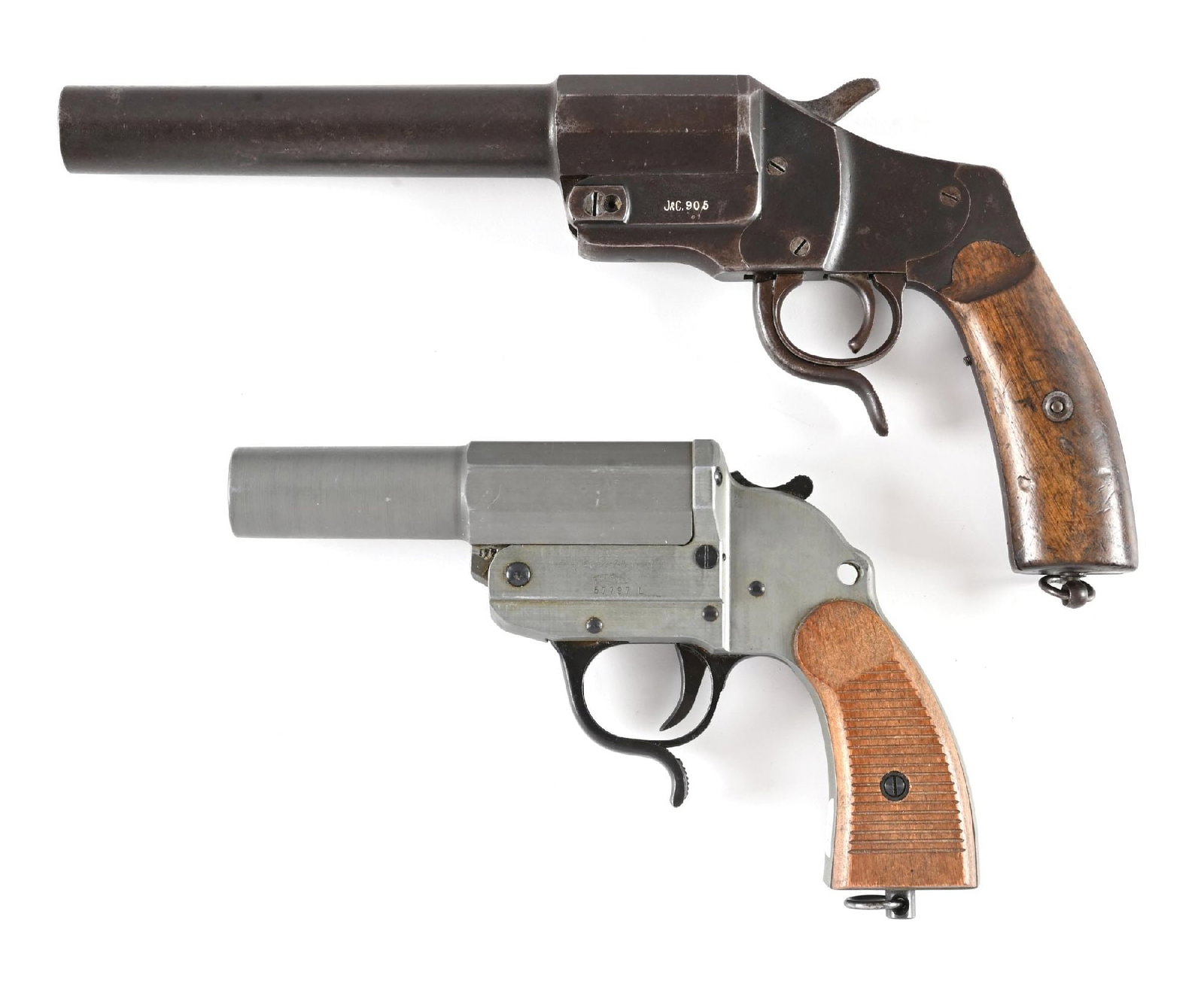 LOT OF 2: WWII CAPTURED UNIT MARKED J&C M1894 HEBEL AND ZINC WALTHER LP-34 FLARE PISTOLS PROVENANCED: Lot consists of: (A) WWI Era German J&C 1894 pattern flare pistol with standard steel construction and smooth walnut grips. Backstrap is stamped with a "J.R.190 5.K.2" unit marking indicating its