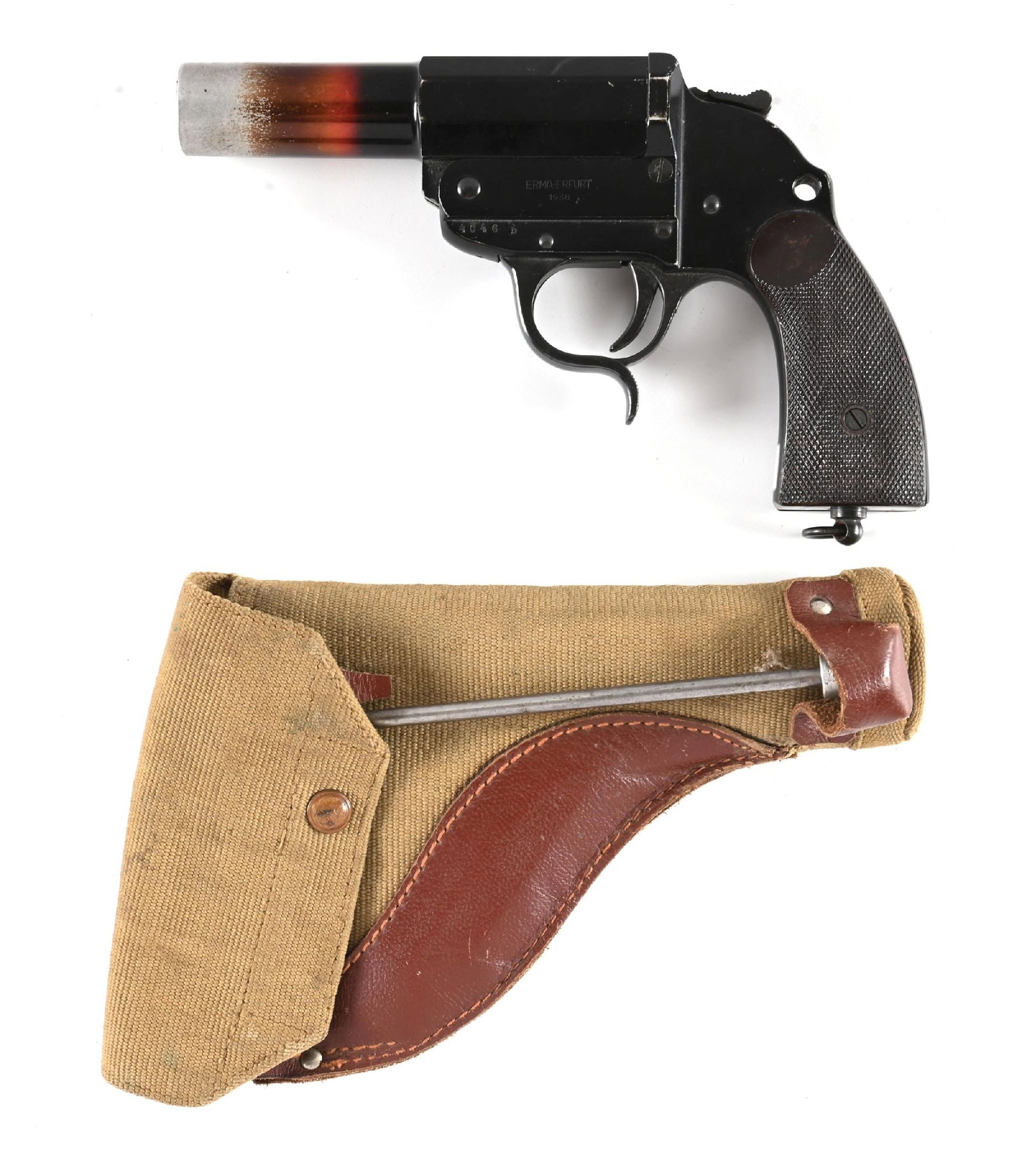 NORDSEE PROPERTY MARKED KRIEGSMARINE ERMA LP-34 FLARE PISTOL WITH HOLSTER.: Manufactured in 1936 with black anodized alloy construction and checkered brown Bakelite grips. Backstrap has "N / 2467" Kriegsmarine North Sea fleet property marking. Accompanied by a cloth holster.