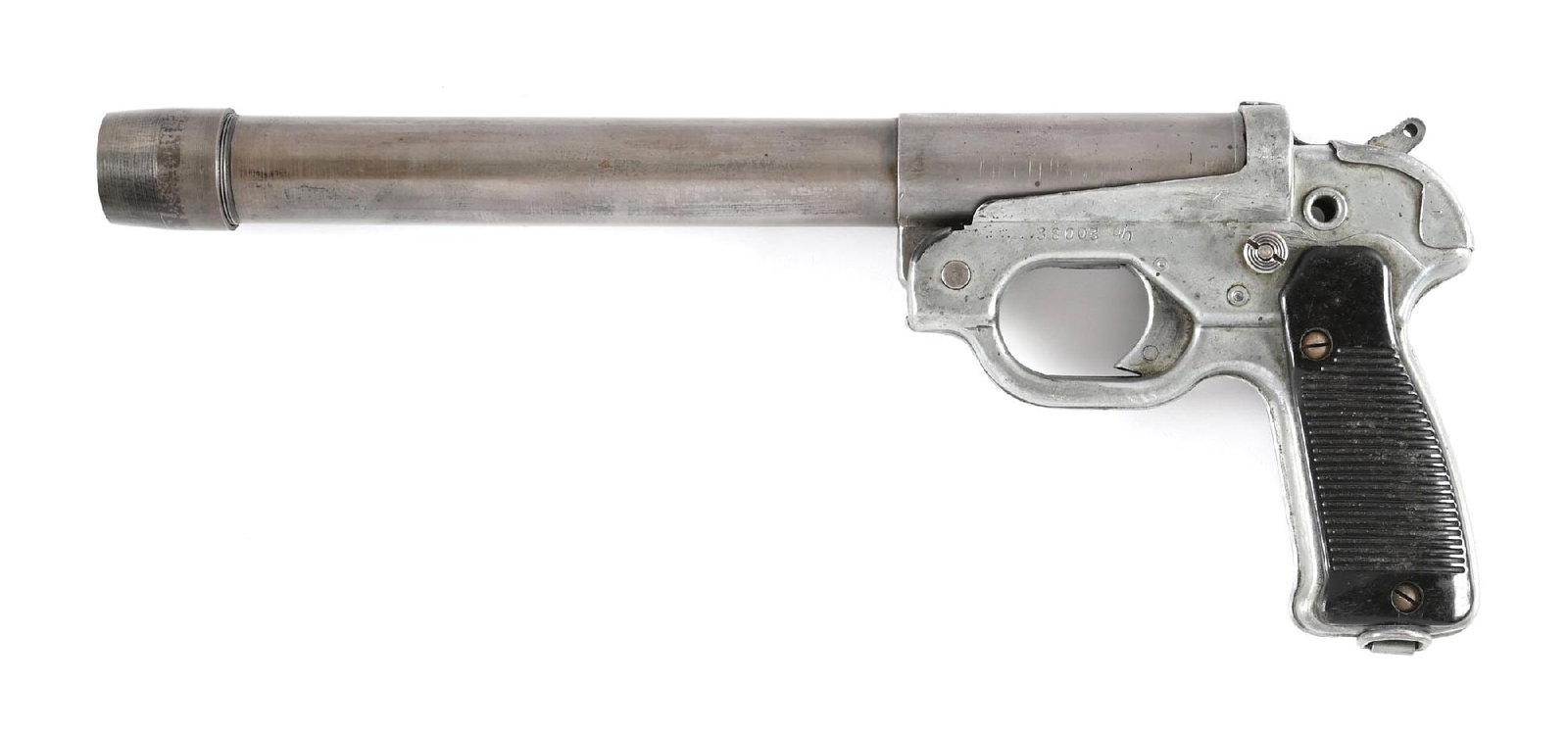 UNUSUAL LONG BARREL WWII GERMAN MEINEL-SCHOLER LP-42 FLARE PISTOL.: Fitted with a highly unusual extra long threaded steel barrel measuring approximately 12 - 3/8" / 315mm with a removable blued cone muzzle device. Galvanized stamped steel frame with faint "euh" manuf