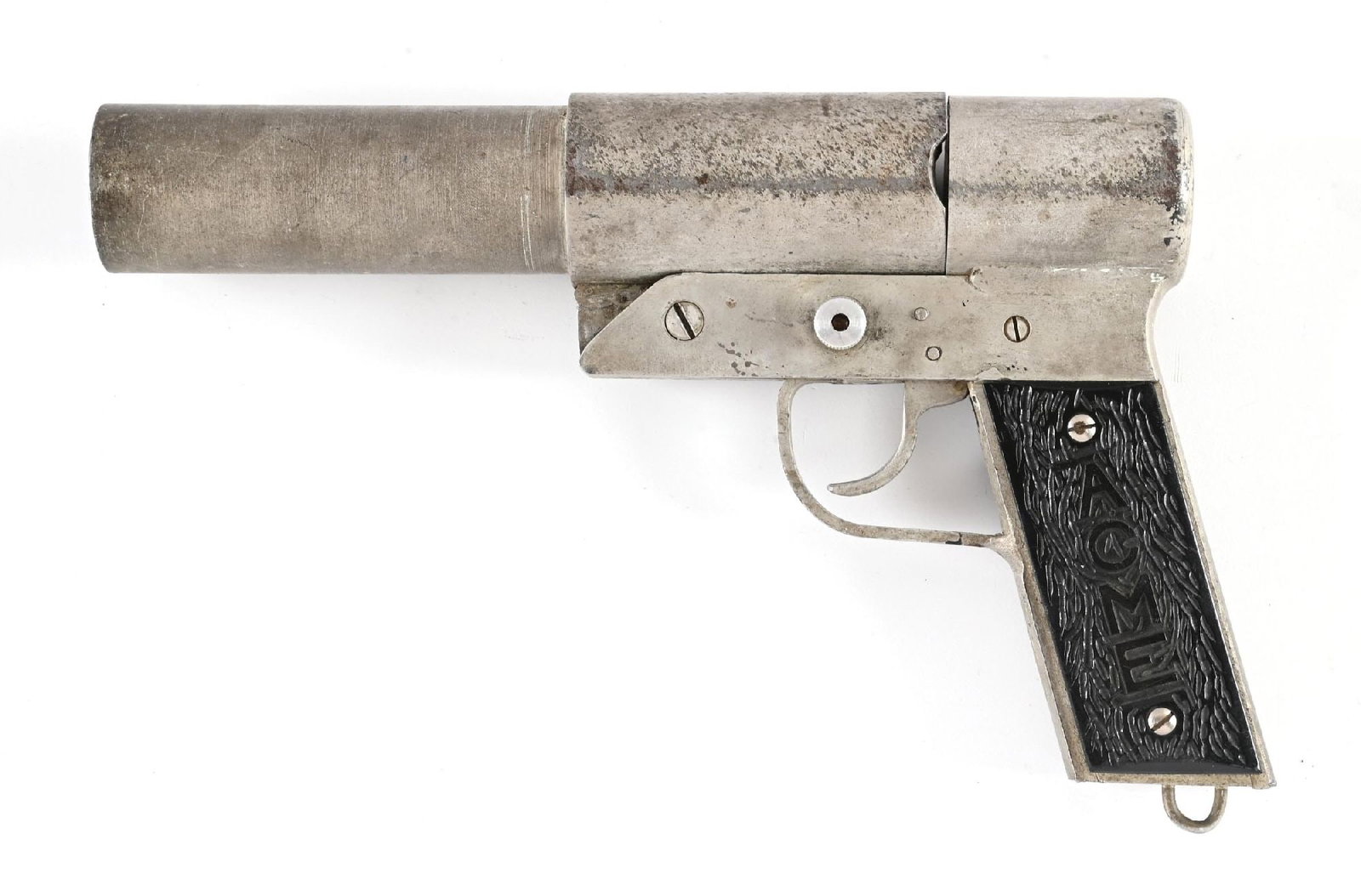 RARE ACME 37MM FLARE PISTOL.: Scarce and large WWII era commercial production with galvanized steel construction and bark pattern plastic grips, the left marked "ACME". CONDITION: Very good, showing evidence of use. Barrel
