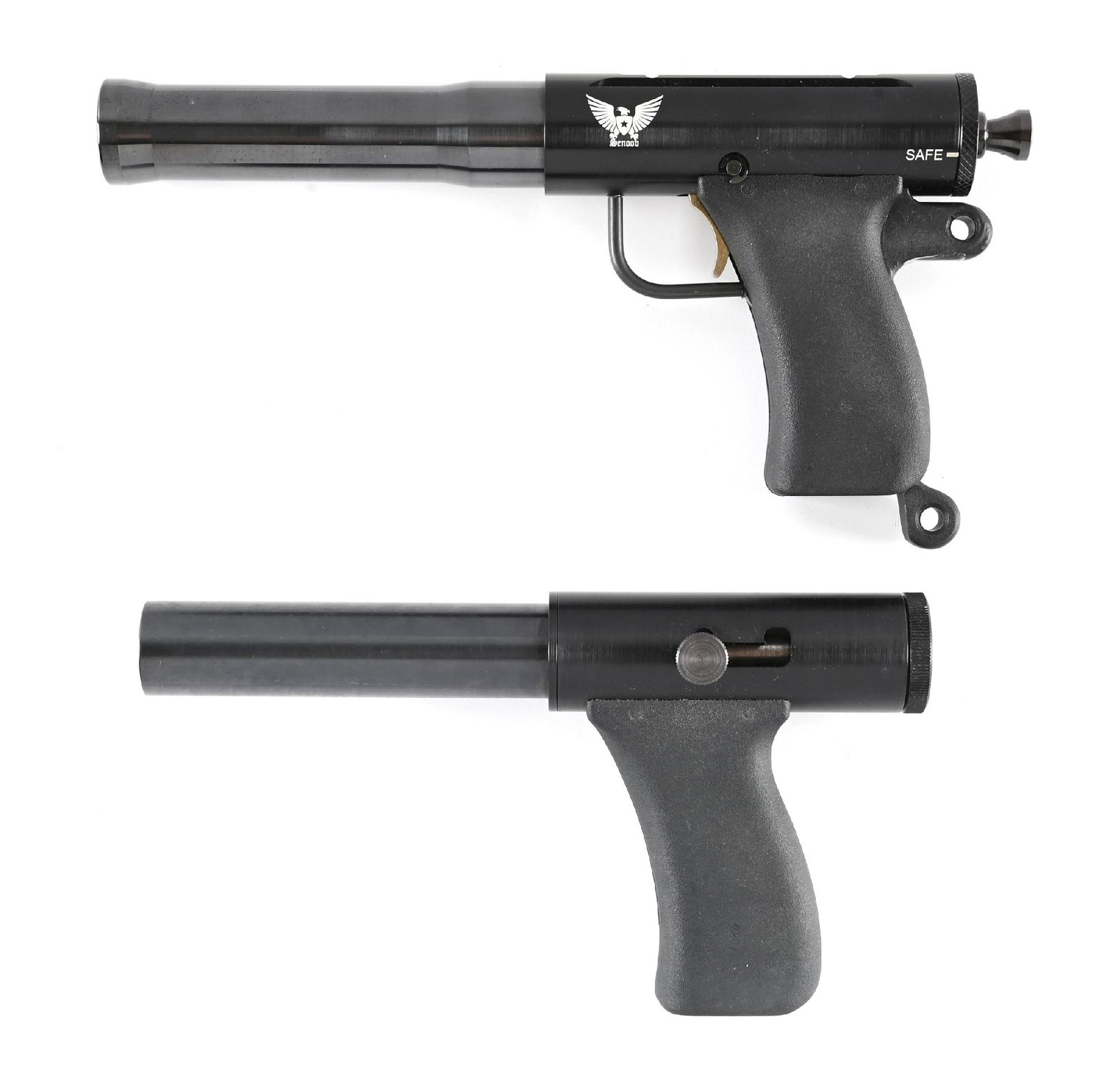 LOT OF 2: SENOOB AND WHITE STARE 26.5MM FLARE PISTOLS.: Lot consists of: (A) 2020 American made Senoob launcher with blued steel thread off cannon barrel, alloy receiver with optic mounting rail, and black polymer grip. Complete with factory box.