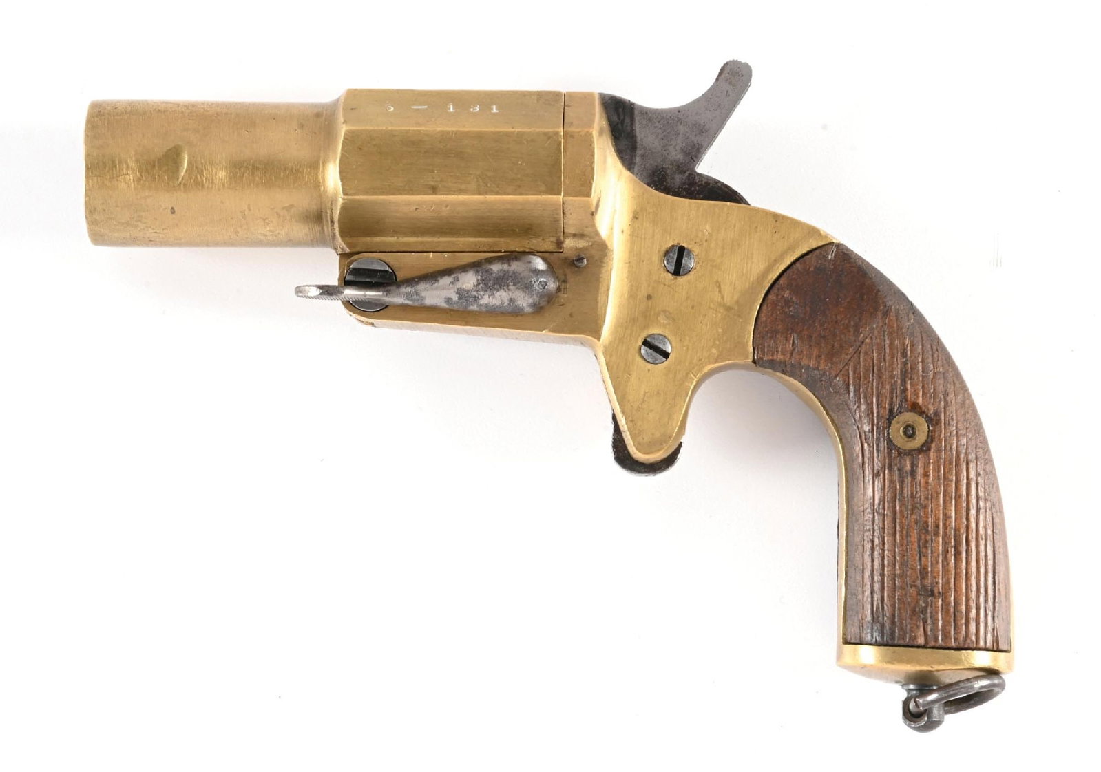 WWI ERA A.H. FOX MARK IV FLARE PISTOL.: Manufactured by the A.H. Fox shotgun gun company of Philadelphia with brass construction and octagon-to-round tip-up barrel. Barrel has been arsenal converted with a steel sleeve to fire 10 GA