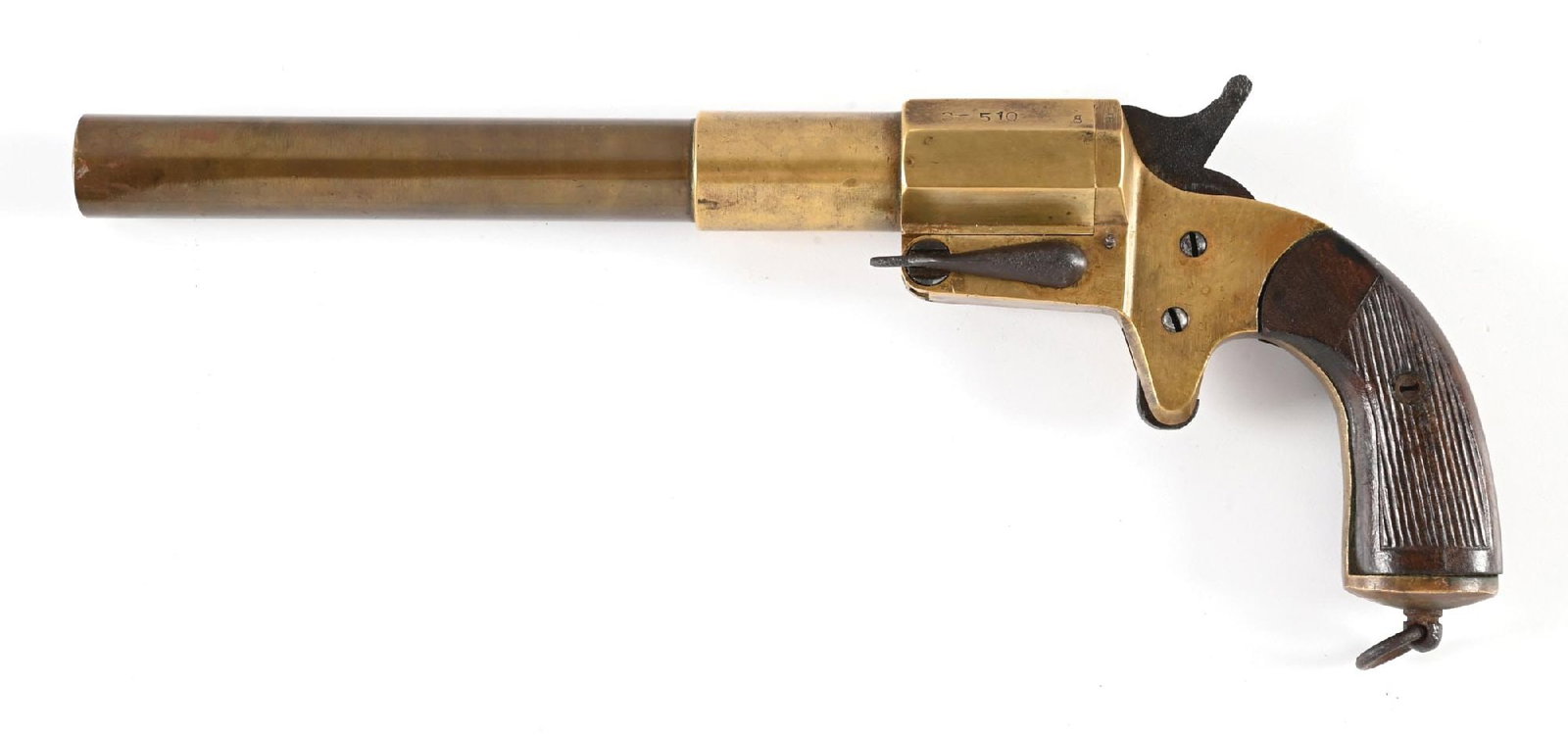 WWI ERA SCOTT-FETZER VERY MARK IV FLARE PISTOL.: Manufactured for US troops based on French flare pistols with flaming bomb stamps on barrel and frame. Brass construction with a tip-up octagon to round barrel which has been arsenal sleeved for use