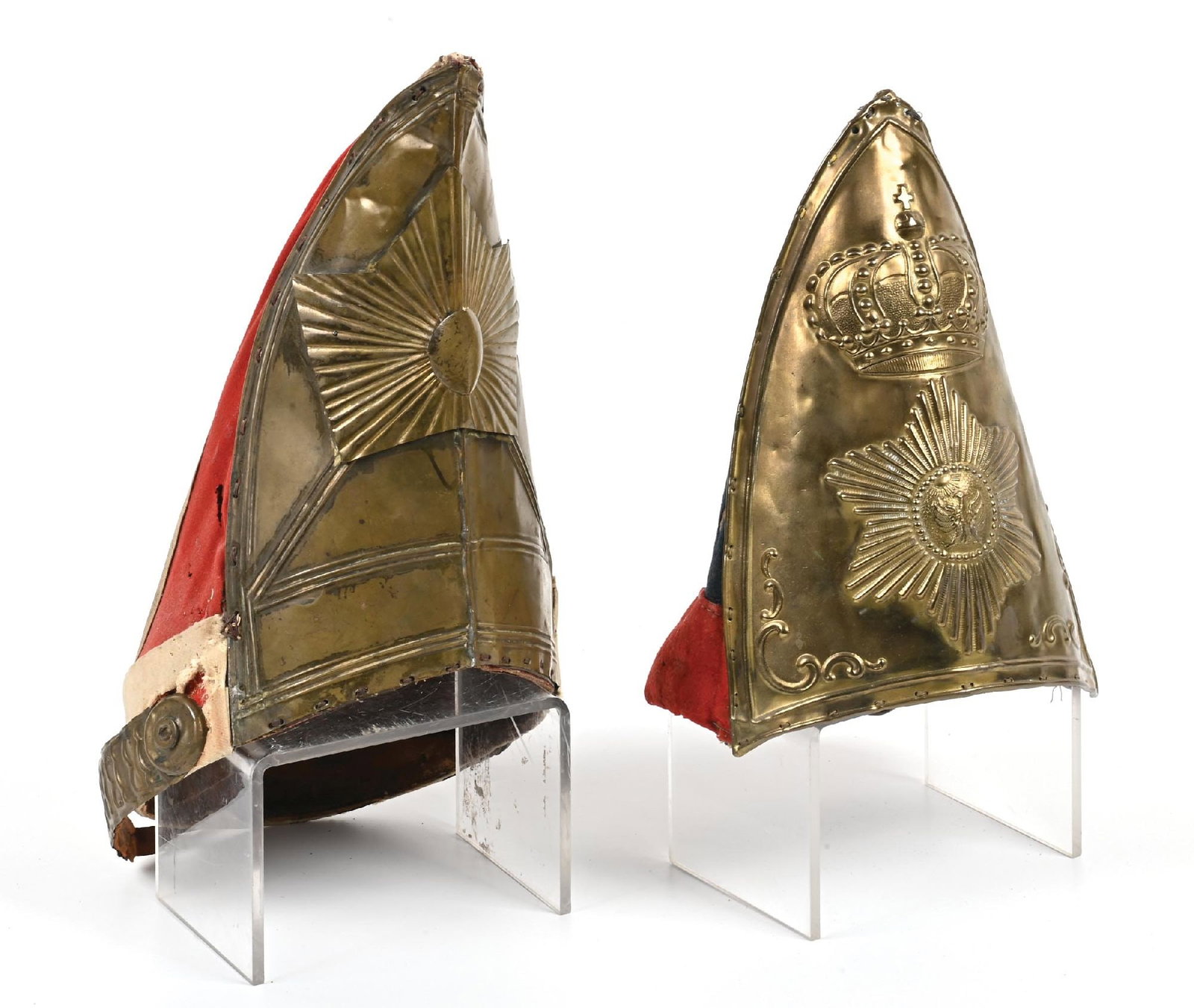 LOT OF 2: MITRES.: Lot consists of: (A) Red and blue wool construction with white trim. Brass grenade insignia on rear. Brass Guard Grenadier's front plate. Burlap interior with cloth liner. Scattered mothing and