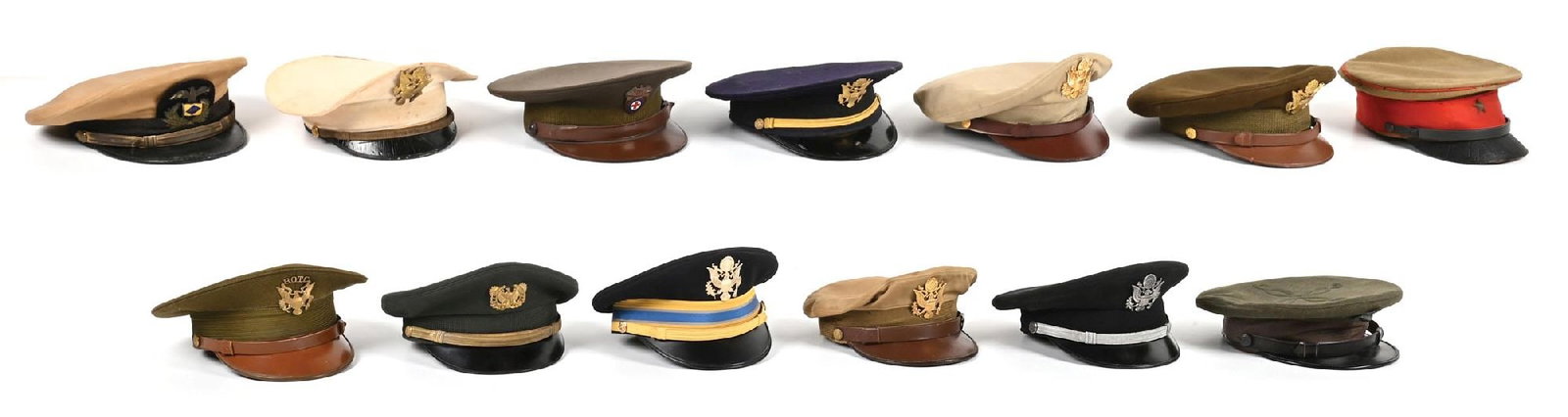 LOT OF 13: US OFFICER VISOR HATS.: Lot consists of various US military officer visor caps including US Army officer, Marine Corps officer, American Red Cross, etc. The hats are a mix of OD and khaki, some of which date to the World