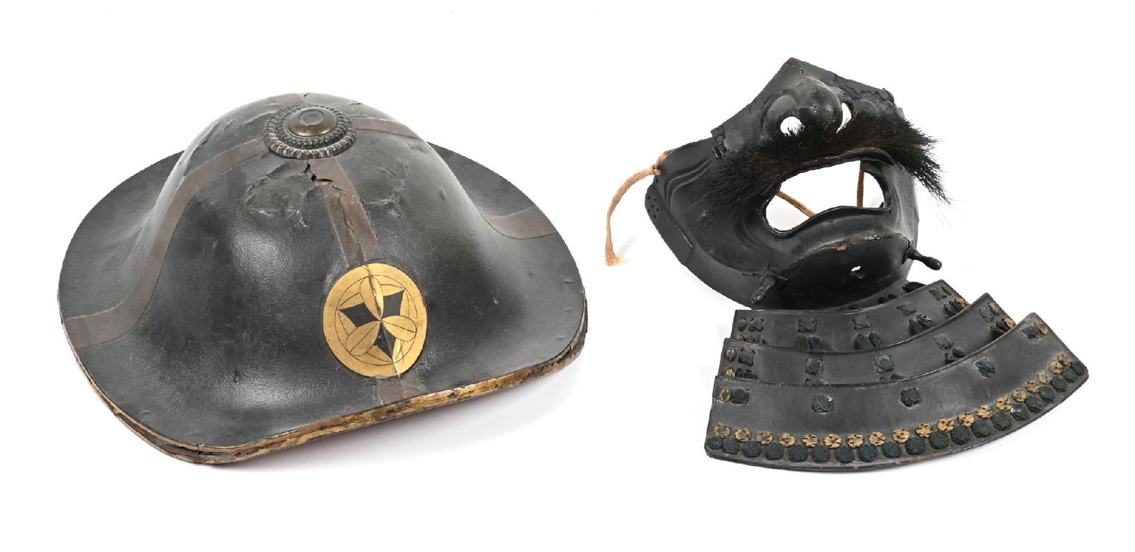 JAPANESE SAMURAI JINGASA HAT AND MENPO MASK.: Lot consists (A) Classic Jingasa, which were war hats worn by samurai and foot soldiers, as typically foot soldiers could not afford full kabuto, and samurai preferred them for less martial outings. S