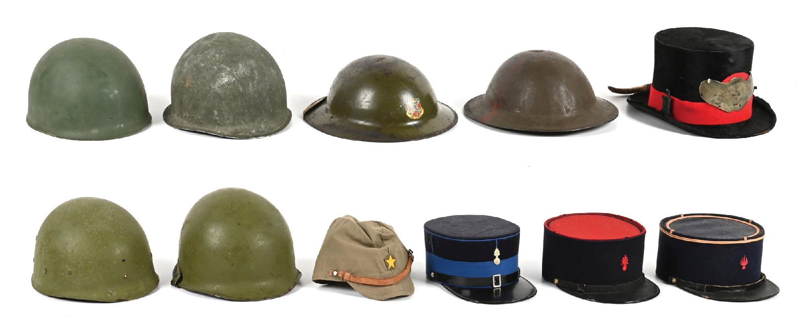 LOT OF MISCELLANEOUS US AND FRENCH HEADGEAR.: Lot consists of several pieces of headgear including a World War I M1917 helmet with red painted training stripe, Kelly helmet with 151st Field Artillery Regiment unit crest decal, two Korean-Vietnam