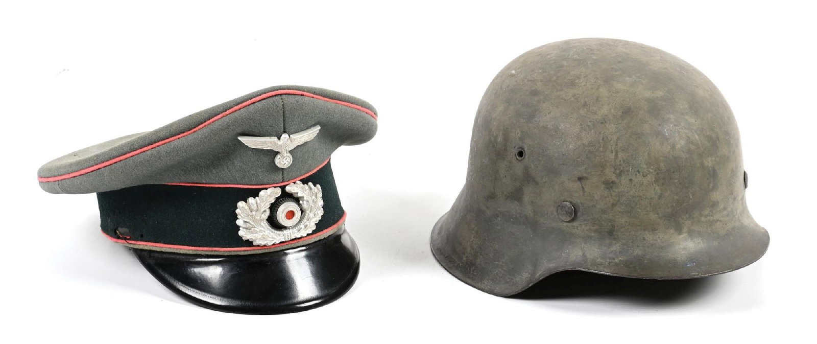 LOT OF 2: GERMAN WWII HEER M42 SINGLE DECAL HELMET AND ENLISTED PANZE VISOR CAP.: Lot of 2: (A) German WWII Heer M42 single-decal camouflage helmet. Both the green camouflage and Heer decal has been heavily scrubbed down to the base metal in some areas, and certainly appears to hav