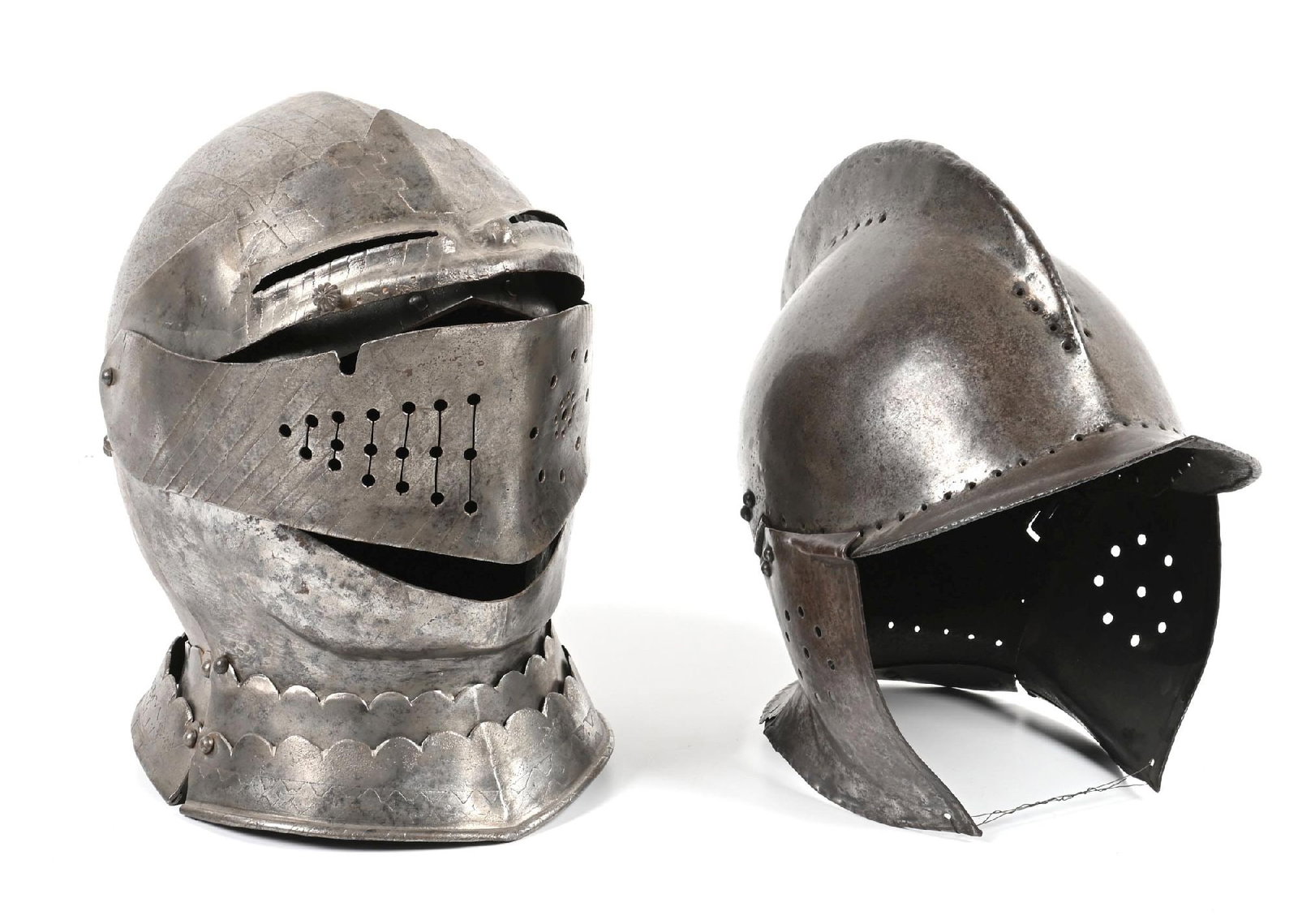 LOT OF 2: BURGONET HELMETS.: Lot consists of (A) Of modern construction with neck defense of two lames with rounded tops and simple geometric acid etching. Skull welded together internally, with visor affixed by a modern screw.