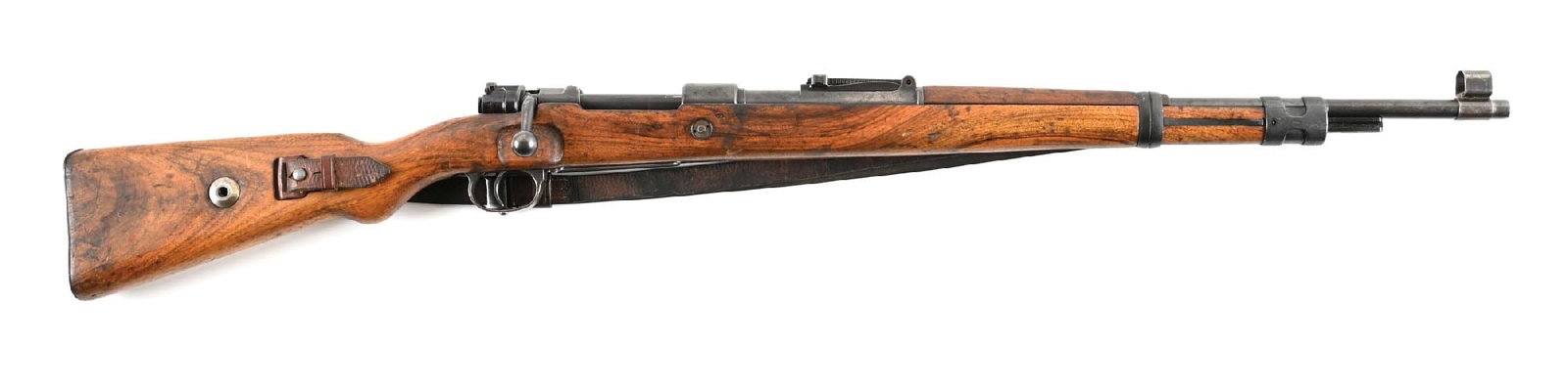 (C) MAUSER 42 CODE K98 BOLT ACTION RIFLE (1940): Manufactured in 1940. Blued barrel with hooded barleycorn front sight and tangent rear. Solid walnut stocks with paint Heer eagle over "H" stamp. Mounts include an "H" front band, milled sling band,