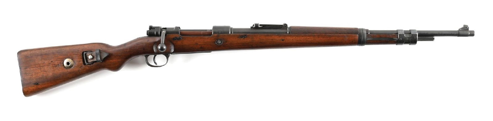 (C) SCARCE BERLIN-LUEBECKER 237 CODE K98 MAUSER BOLT ACTION RIFLE.: Manufactured in 1938. Reapplied dipped blue finish. Ramped barkeycorn front sight and tangent rear. Walnut stock marked on the right with a crisp restruck Heer eagle "H". Mounts include an "H" front b
