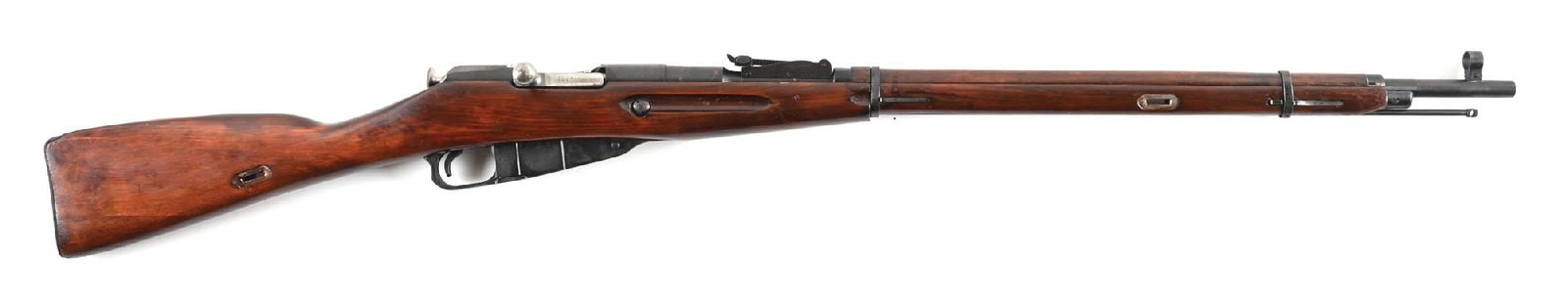 (C) RUSSIAN MOSIN NAGANT 91/30 BOLT ACTION RIFLE.: Classic configuration of the quintessential Russian small arm manufactured by Izhevsk in 1943. Import marked on the left side of the receiver by C.A.I. CONDITION: Good, blue with scattered handling ma