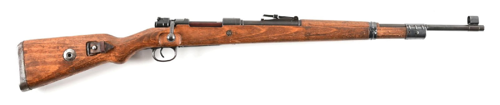 (C) BRUNN DOU 44 CODE SEMI-KRIEGSMODELL K98 BOLT ACTION RIFLE.: Manufactured in 1944. Brush blued finish. Hooded barleycorn front sight and tangent rear. Laminate stock mounted with late war nose cap without bayonet lug, fabricated bands, fabricated "qnv" code bot