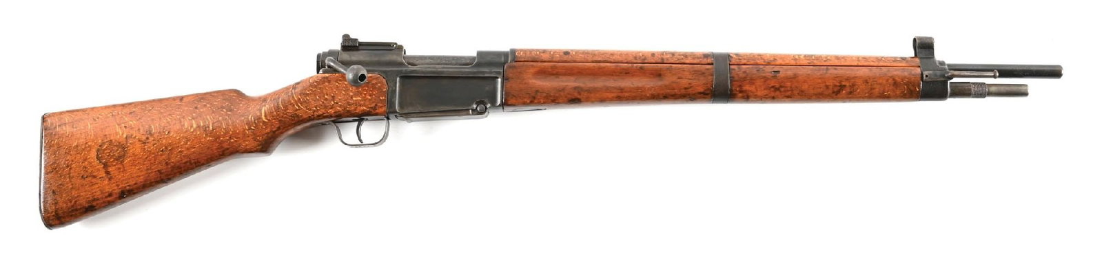 (C) FRENCH MAS 36 BOLT ACTION RIFLE.: Post-War production with arsenal blued finish, hooded blade front sight, adjustable aperture rear sight, and beech stock. Matching numbers observed on the receiver, trigger guard, forend, and stock. B