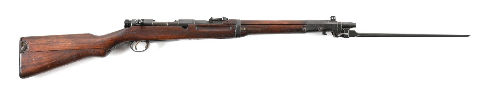 (C) NICE NAGOYA TYPE 44 ARISAKA BOLT ACTION CARBINE.: This early second series Type 44 was manufactured by Nagoya in the interwar period. It features arsenal rust blued finish with straw small parts. Interestingly, the matching numbered bolt handle and s
