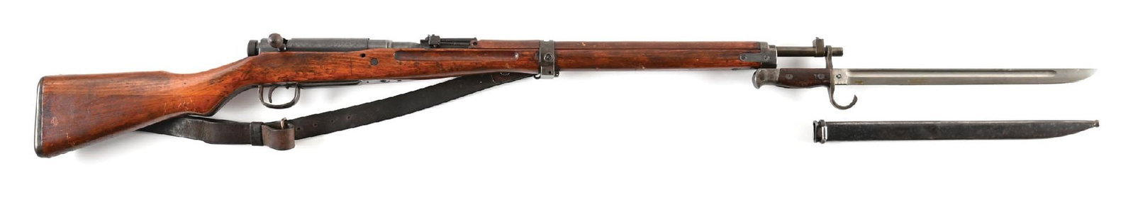 (C) NAGOYA TYPE 99 ARISAKA BOLT ACTION RIFLE WITH BAYONET.: Series 1 production with blued finish, barleycorn front sight, anti-aircraft rear ladder, sliding dust cover, and hardwood stocks. Imperial chrysanthemum is intact. Includes a hooked quillon Nagoya pr