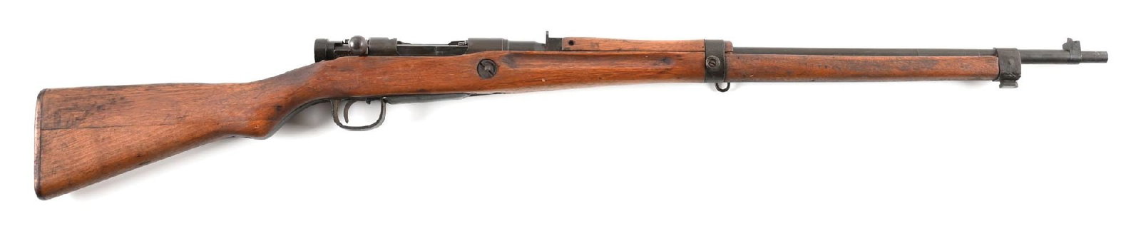(C) LAST DITCH TOYO KOGYO TYPE 99 ARISAKA BOLT ACTION RIFLE.: Series 35 featuring late World War II simplifications including unprotected blade front sight, fixed aperture rear, rough machined safety, and wooden butt plate. Chrysanthemum has been ground off. CON